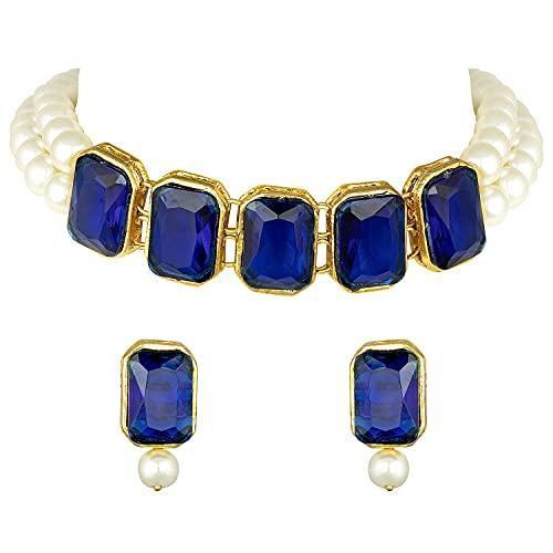 Women's Gold Plated Blue Crystal Stone Pearl Studded Choker Necklace Set - i jewels