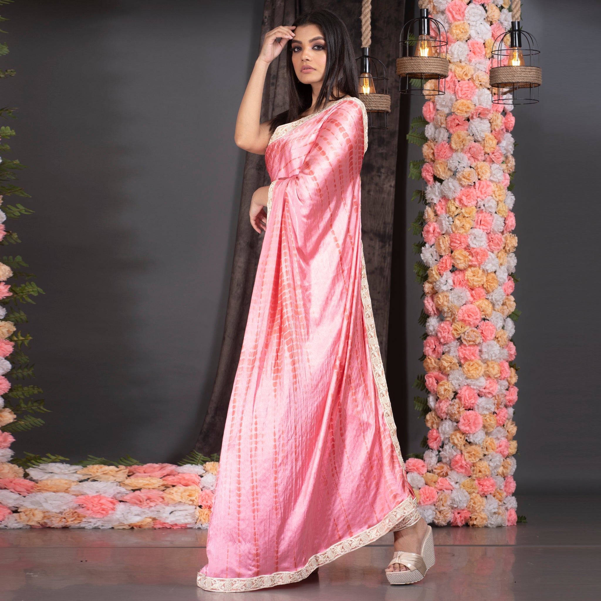 Women's Pink With Red Shibori Satin Saree With Pearl Embroidered Lace Border - Boveee