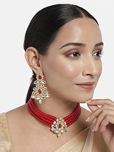 Women's Gold Plated Maroon Kundan with Beads Choker Necklace Set - i jewels
