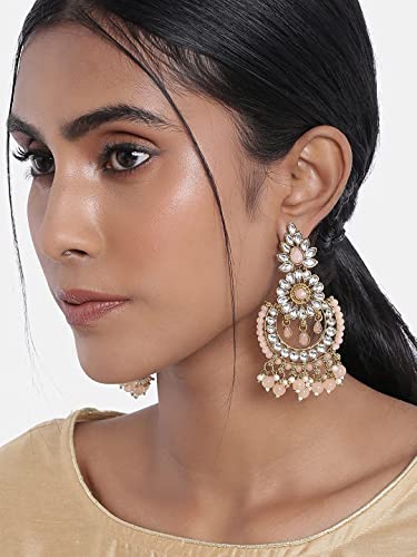 Women's 18K Gold Plated Handcrafted Earrings With Maang Tikka Encased with Faux Kundan & Pearl - I Jewels