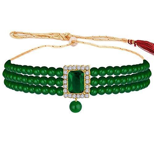 Women's  Gold Plated Handcrafted  Green Stone Studded Pearl Choker Necklace Jewellery Set With Earrings - i jewels