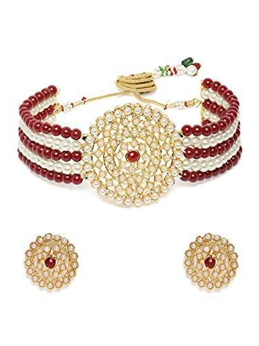 Women's Gold Plated Maroon White Light Weight Pearl Beaded Choker Necklace Set - i jewels