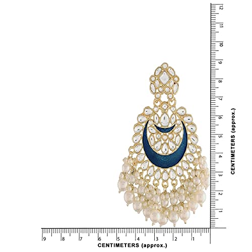 Women's 18K Gold Plated Intricately Designed Traditional Meenakari Chandbali Earrings Glided With Kundans & Pearls (E306Bl)