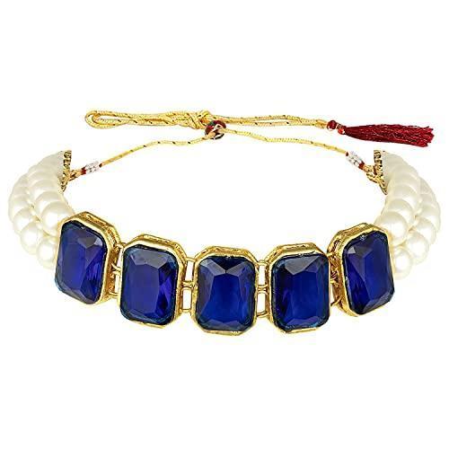 Women's Gold Plated Blue Crystal Stone Pearl Studded Choker Necklace Set - i jewels