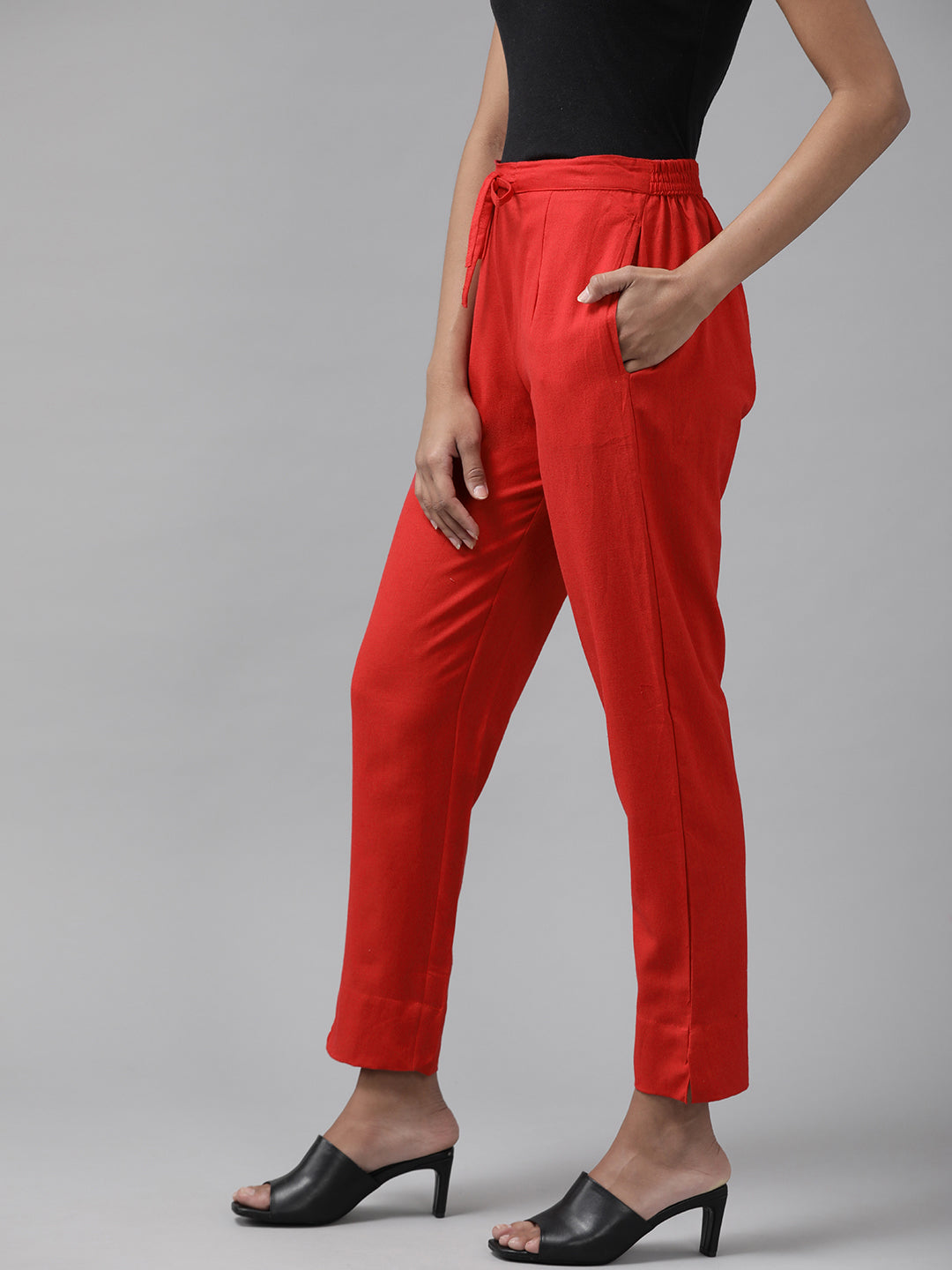 Women's Red Slim Fit Pure Cotton Trousers - Yufta