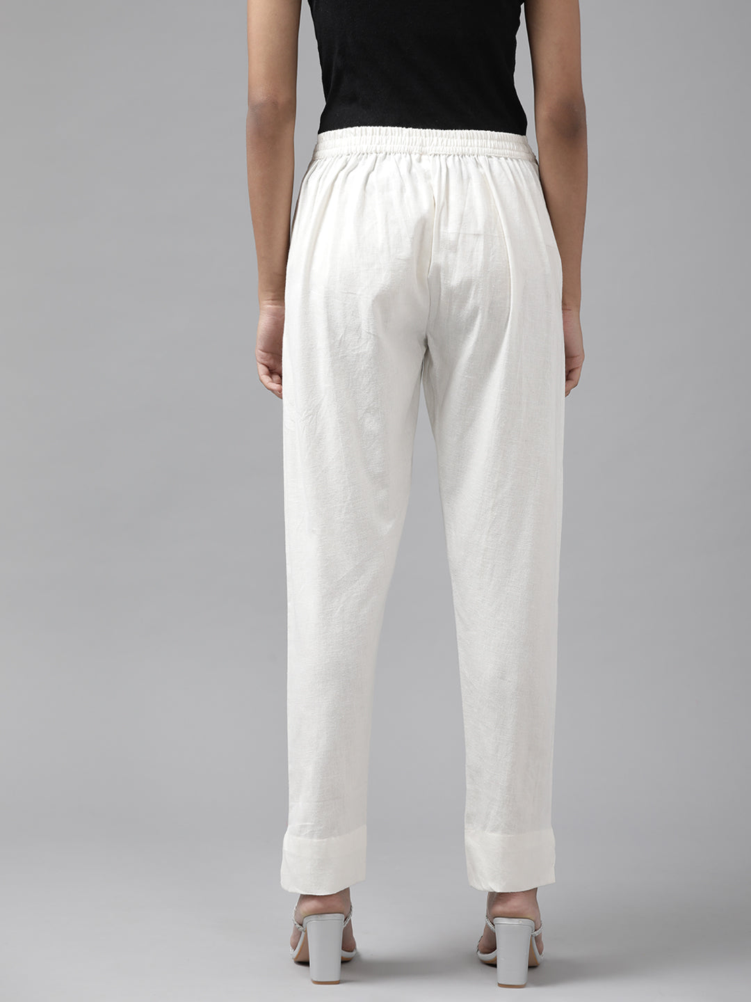 Women's White Pure Cotton Slim Fit Trousers - Yufta