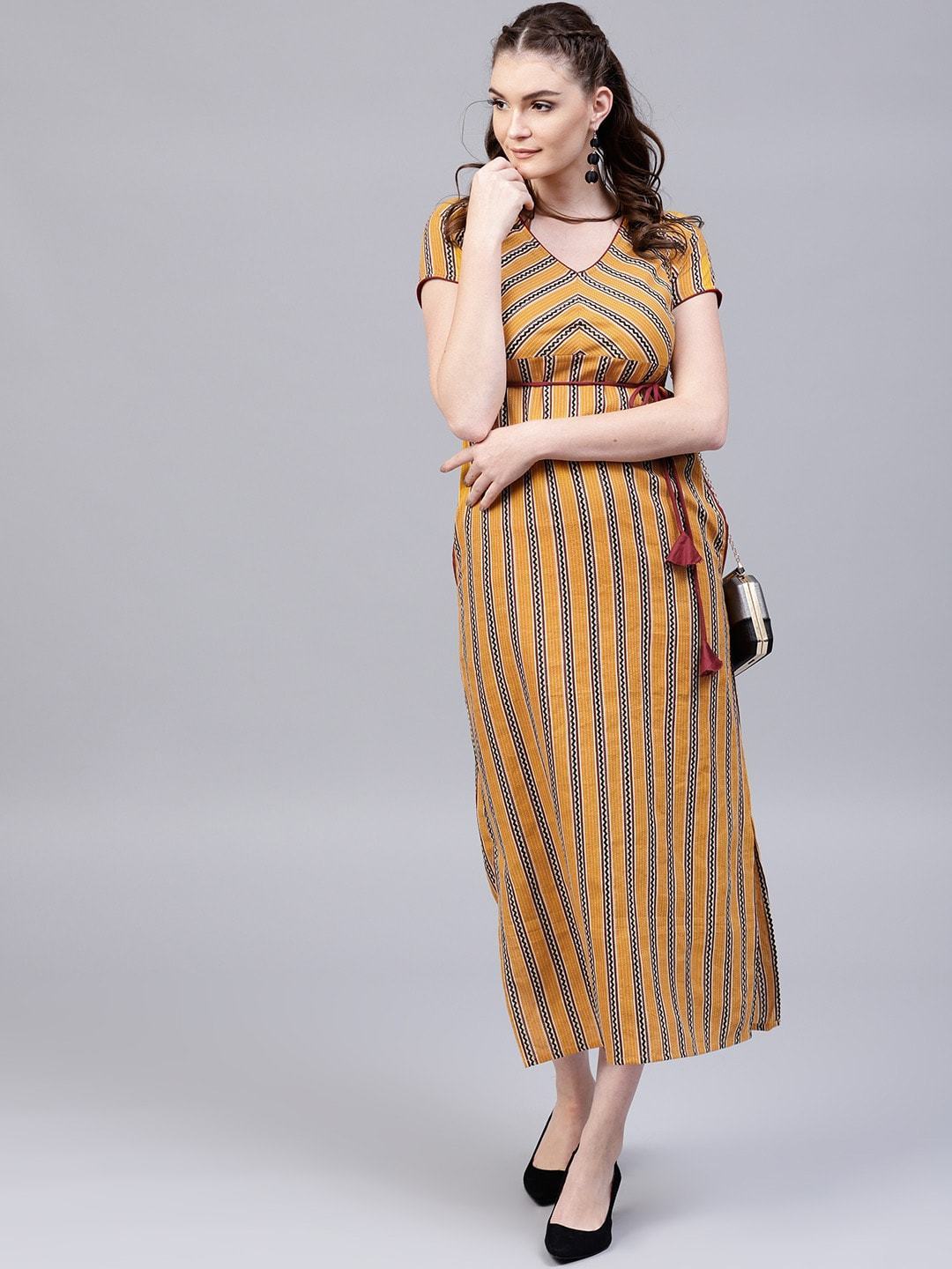 Women's  Mustard Yellow & Burgundy Striped Maxi Dress - AKS