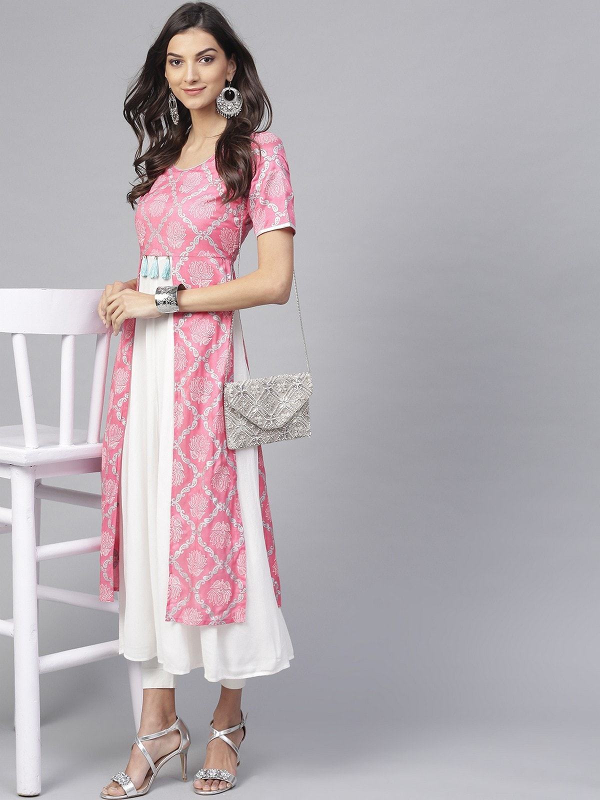 Women's Pink Lotus Inspired Front Open Printed Kurta With Tassels - Pannkh