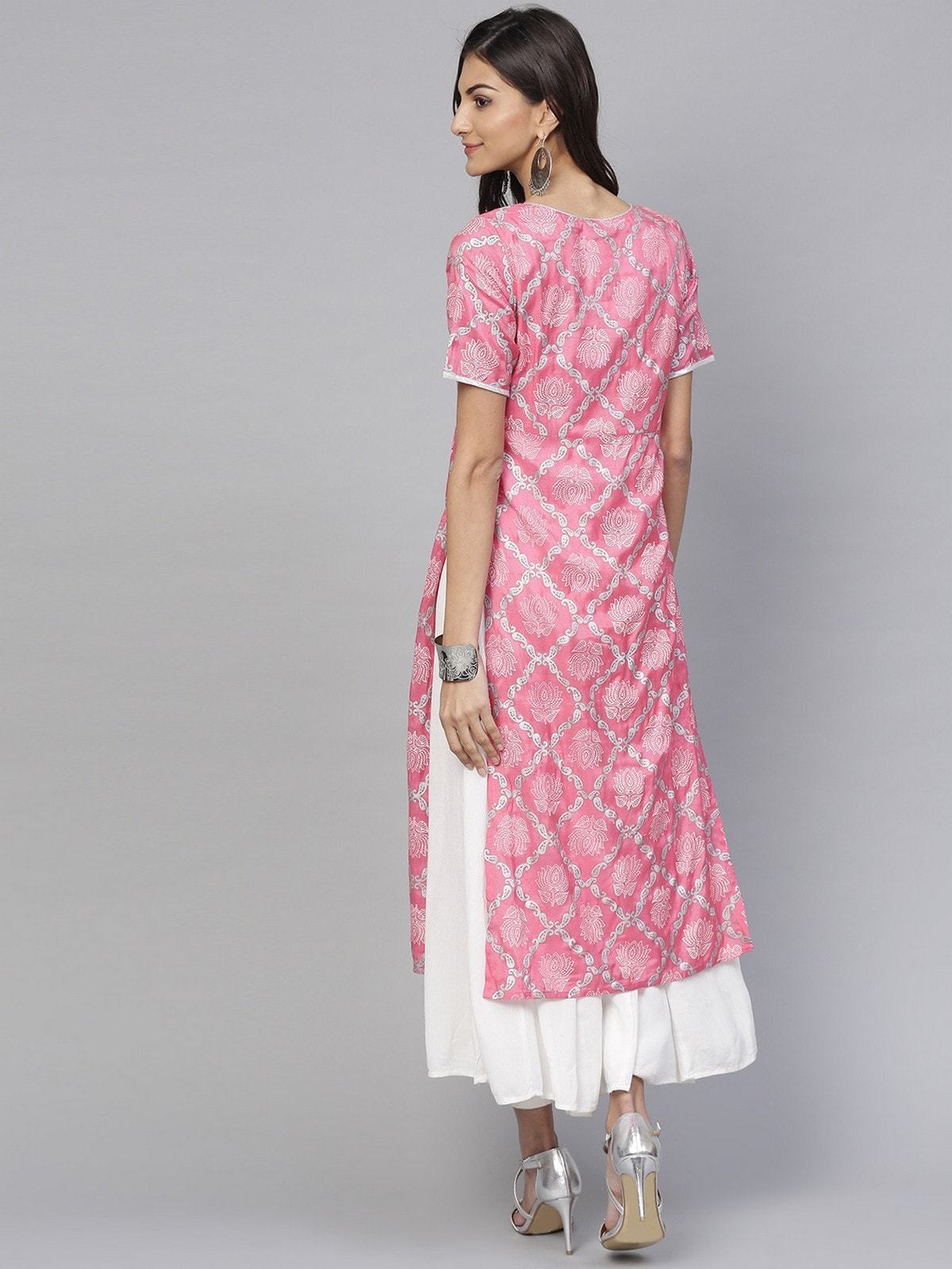 Women's Pink Lotus Inspired Front Open Printed Kurta With Tassels - Pannkh