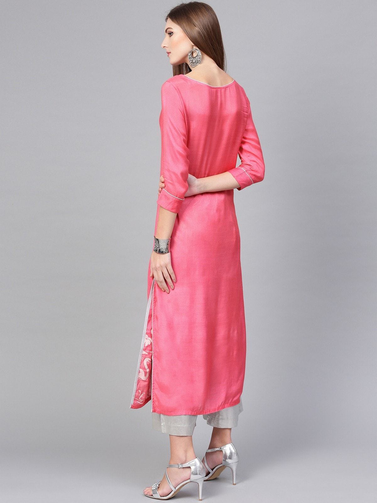 Women's Pink Lotus Inspired Swan Printed Kurta - Pannkh