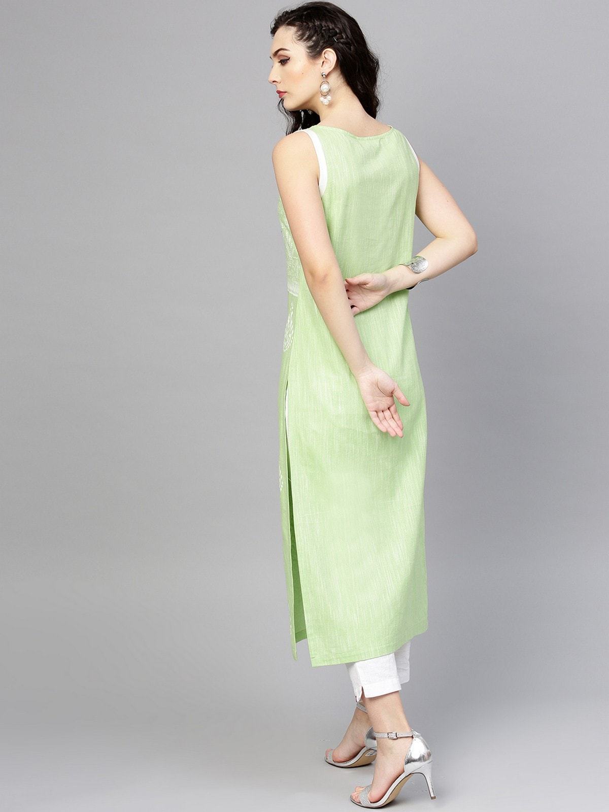 Women's Green Sleeveless Printed Chambray Kurta - Pannkh
