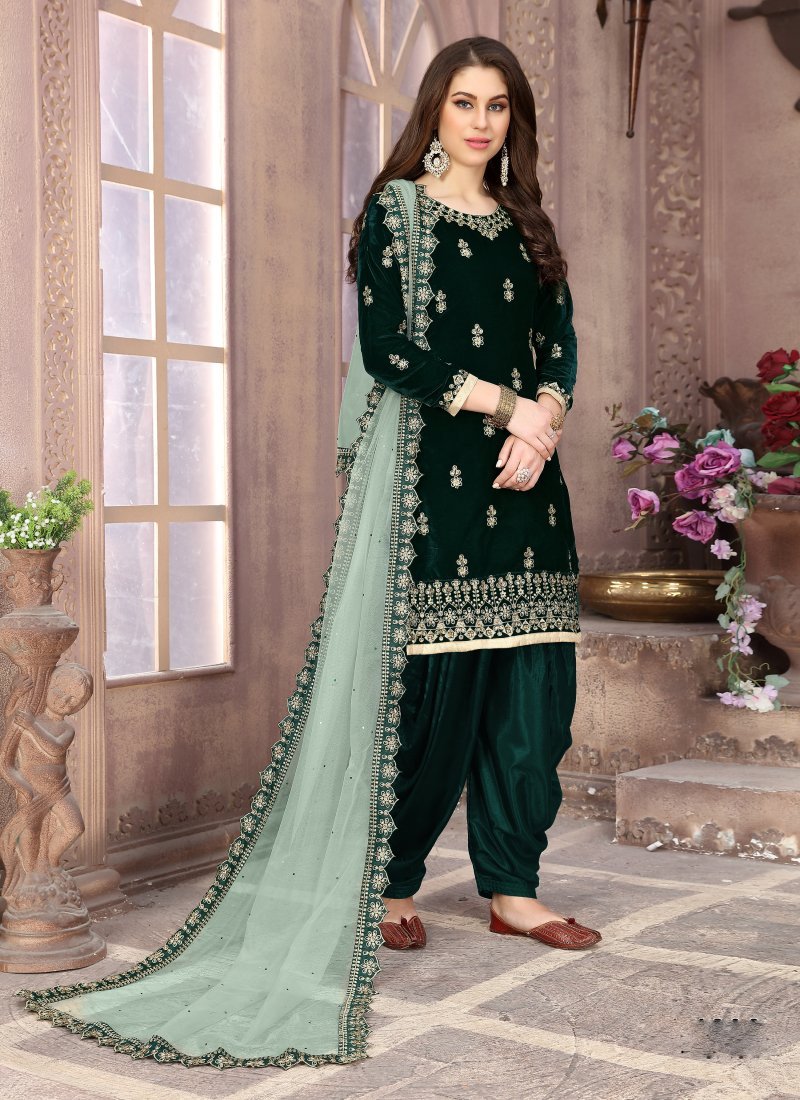 Women's Dark Green Velvet Embroidered Patiala Suit by Monjolika (3 Pc Set)