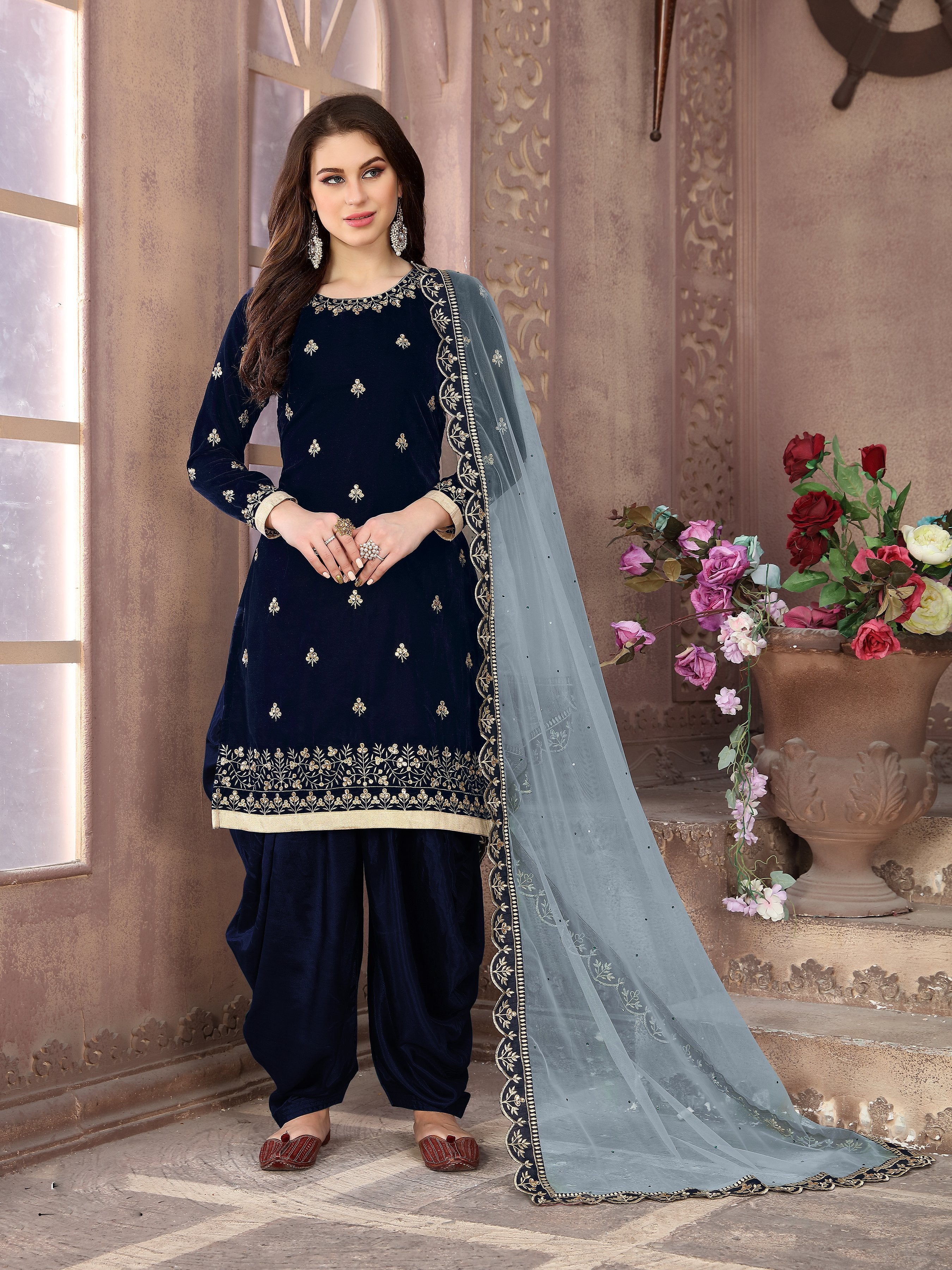 Women's Stunning Dark Blue Color Velvet Embroidery Patiala Suit - Monjolika