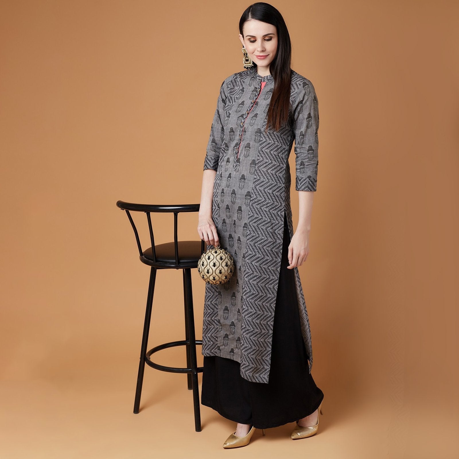 Women's Grey Handloom Buddha Straight Kurta - Pannkh