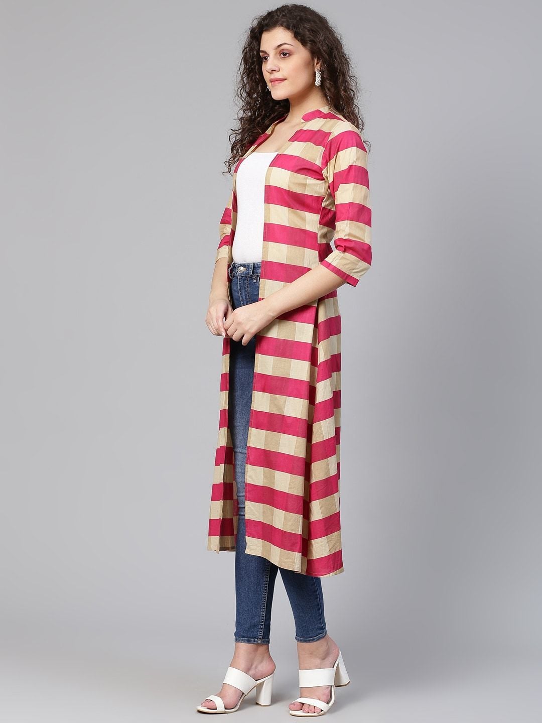 Women's Pink & Beige Striped Open Front Longline Shrug - Meeranshi