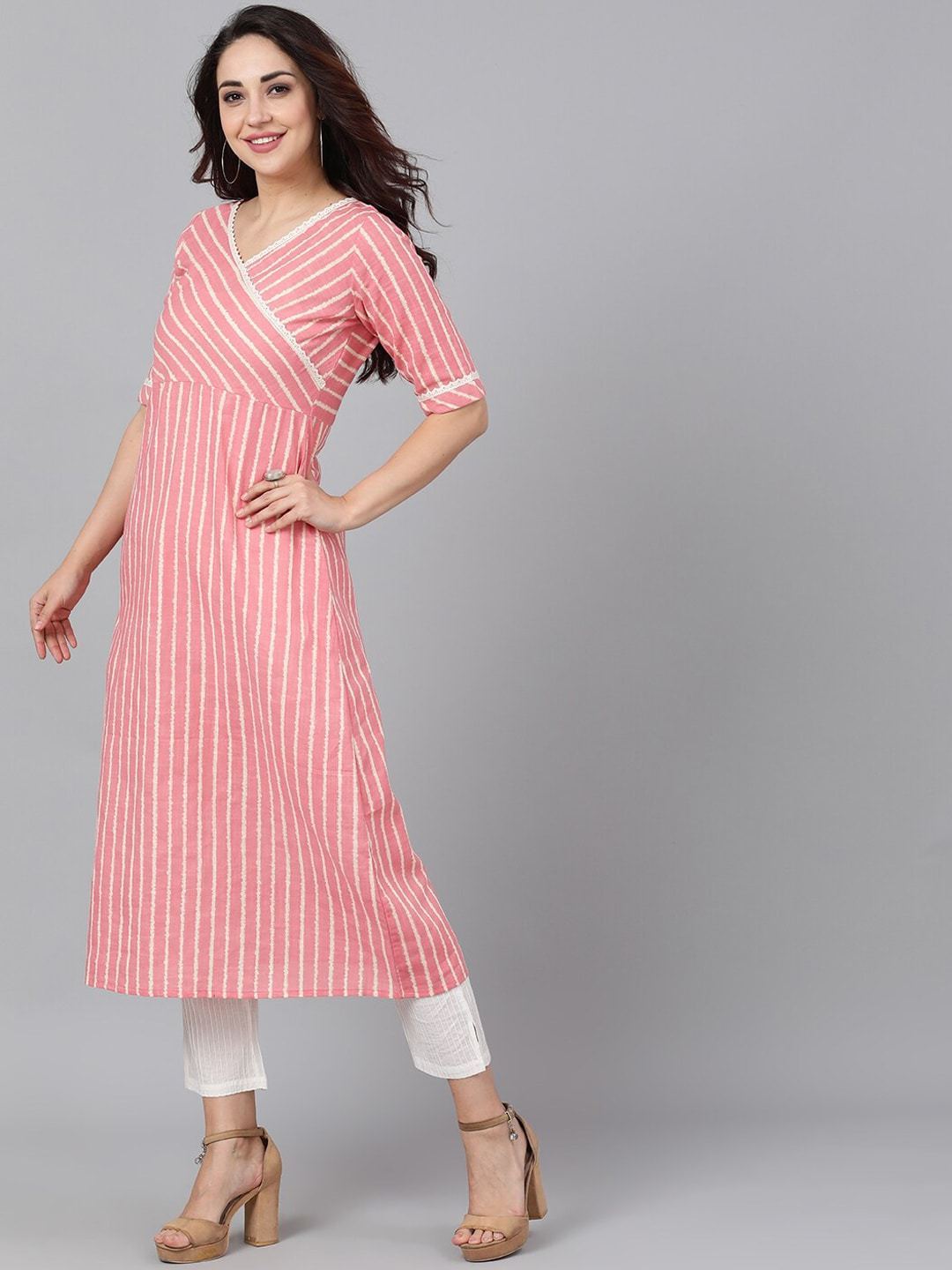 Women's  Peach-Coloured & White Striped A-Line Kurta - AKS