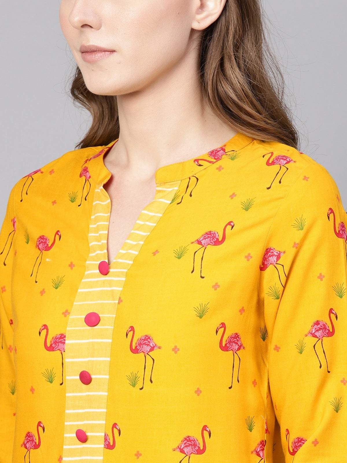 Women's Yellow Drappy Flamingo Printed Kurta - Pannkh