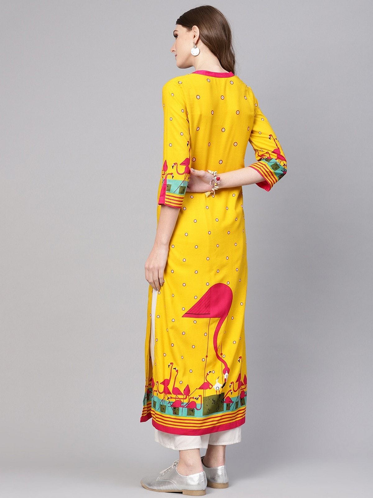 Women's Yellow V-Neck Flamingo Printed Kurta - Pannkh