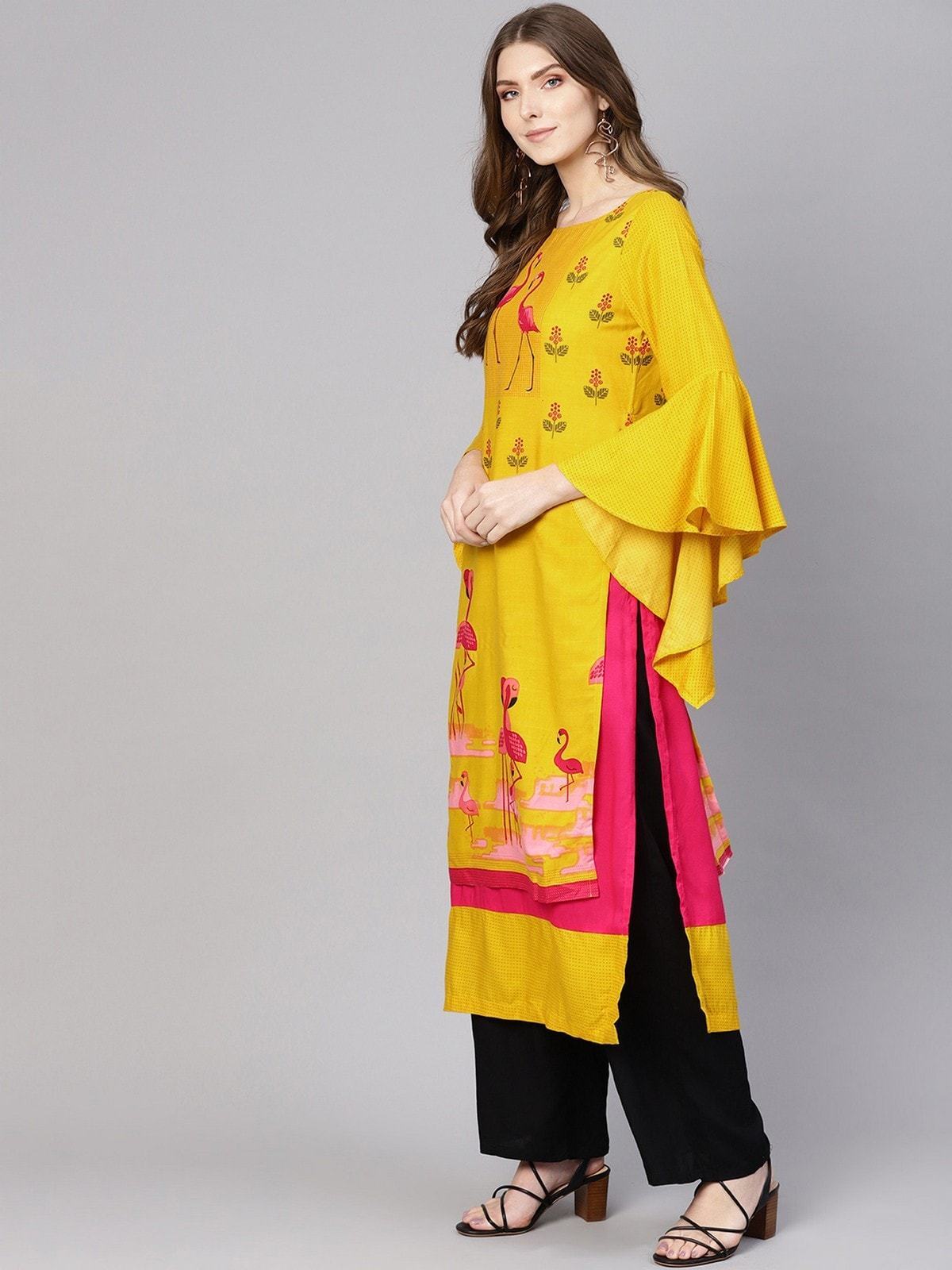 Women's Yellow Bell Sleeves Layered Flamingo Printed Kurta - Pannkh
