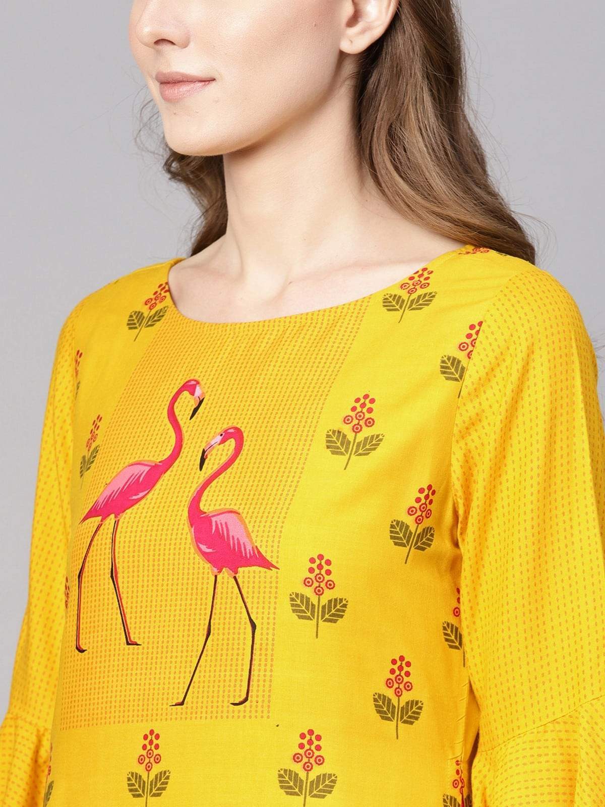Women's Yellow Bell Sleeves Layered Flamingo Printed Kurta - Pannkh