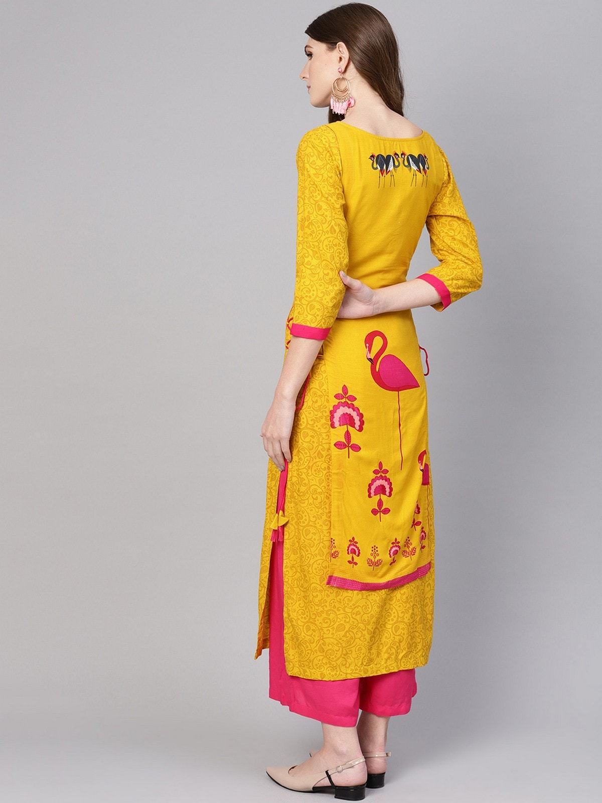 Women's Yellow Side Dori Flamingo Printed Kurta - Pannkh