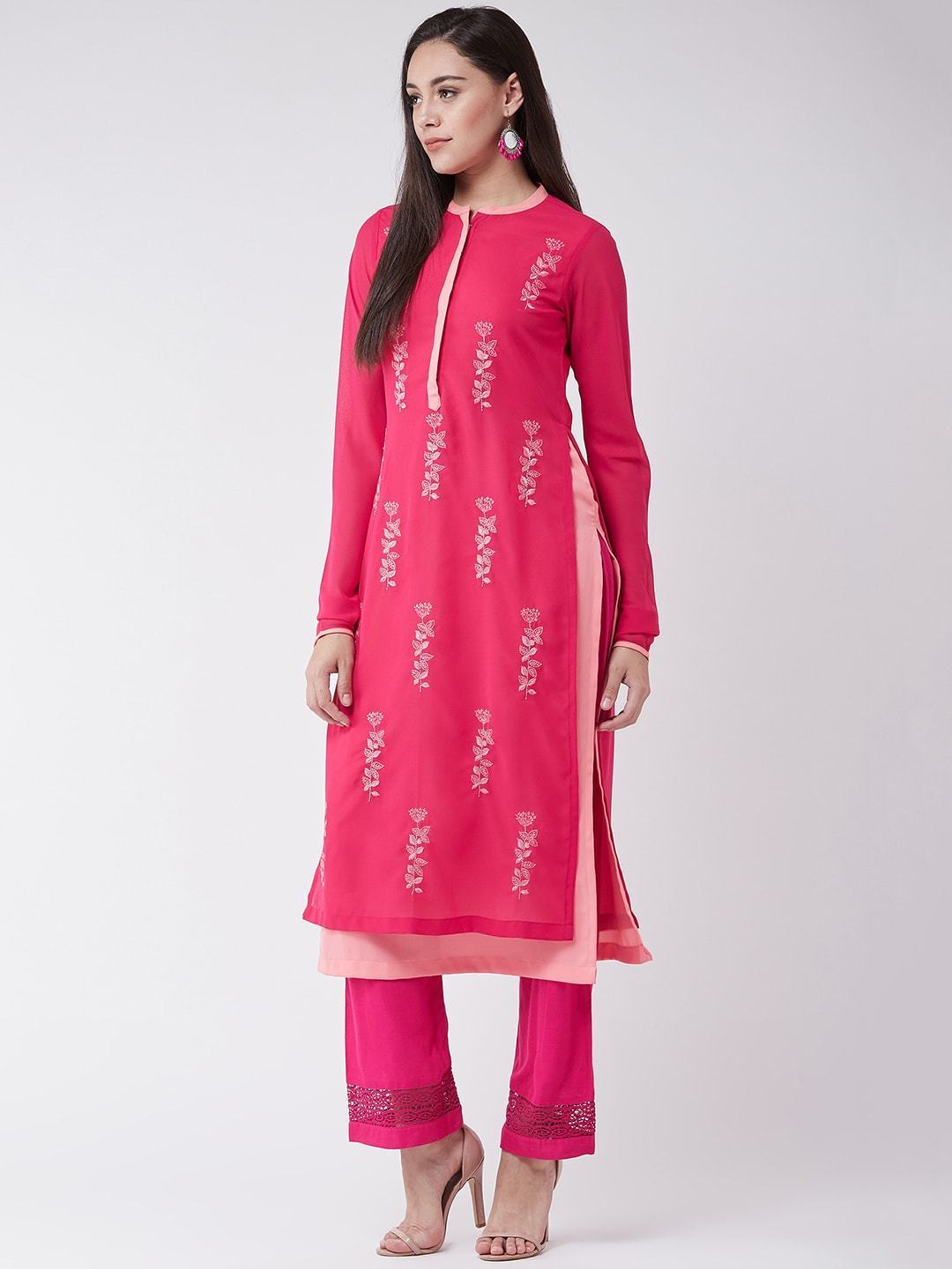 Women's Pink Georgette Allover Embroidered Layered Kurta - Pannkh