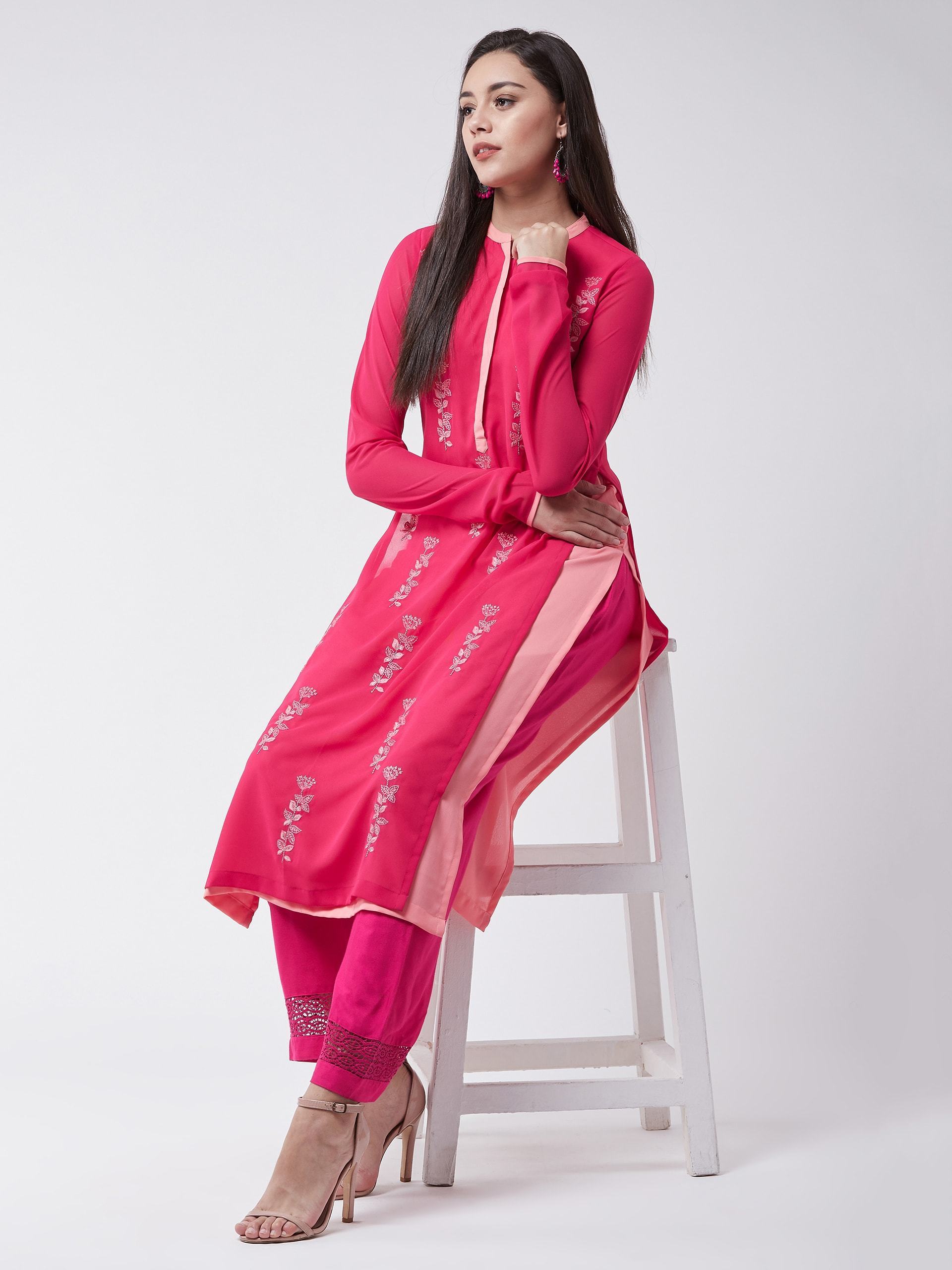 Women's Pink Georgette Allover Embroidered Layered Kurta - Pannkh