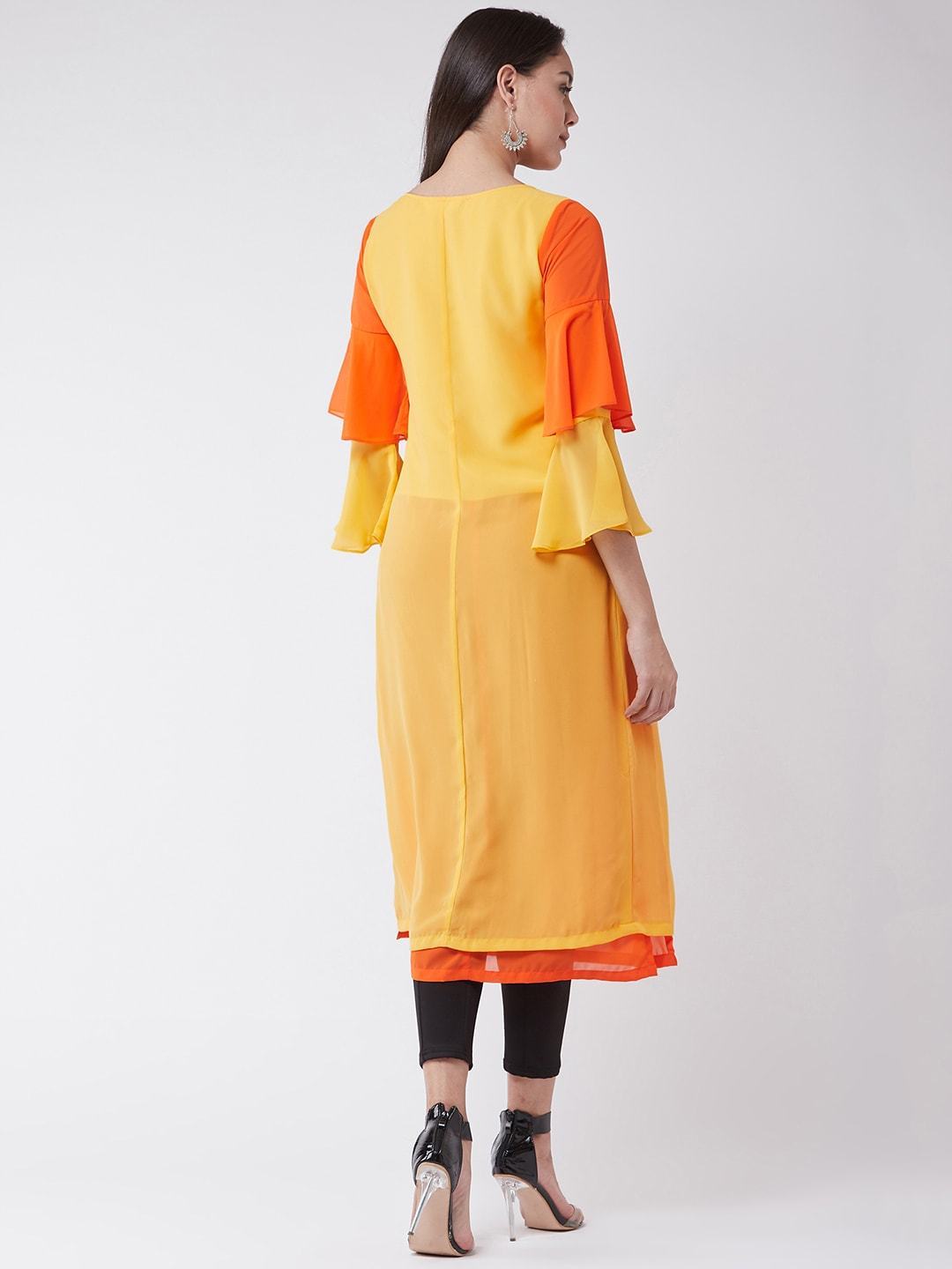 Women's Yellow Embroidered Layered Kurta With Bell Sleeves And Front Slits - Pannkh