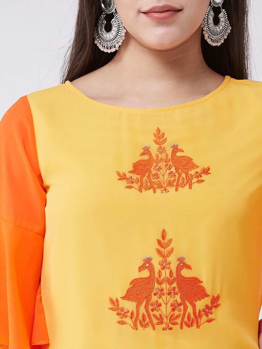 Women's Yellow Embroidered Layered Kurta With Bell Sleeves And Front Slits - Pannkh