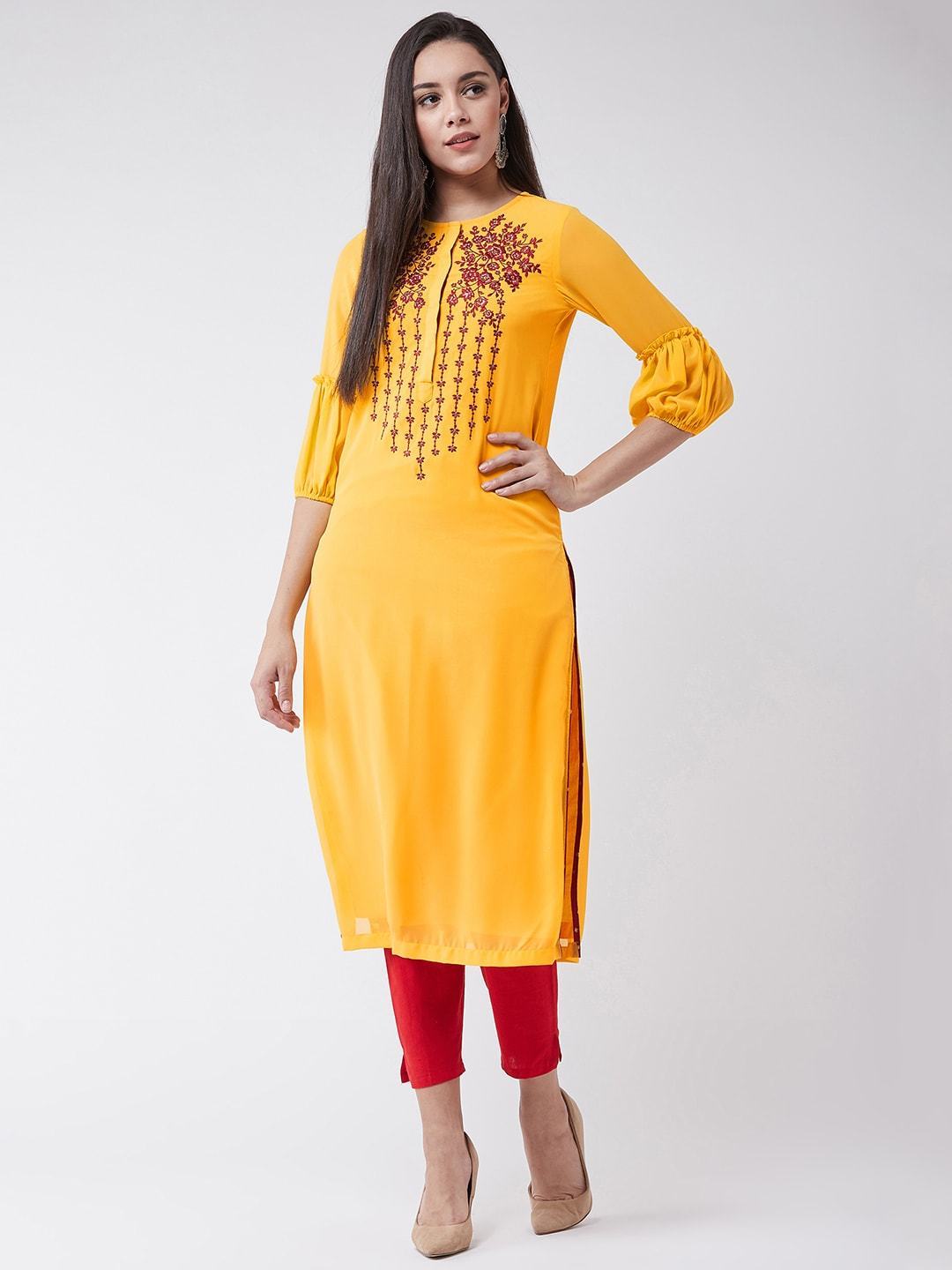 Women's Yellow Embroidered Straight Fit Kurta - Pannkh