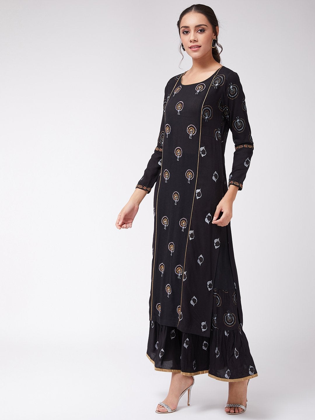 Women's Foil Printed And Embroidered Long Kurta - Pannkh