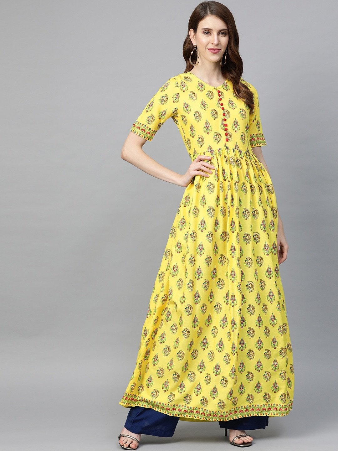 Women's Yellow & Green Printed A-Line Kurta - Meeranshi