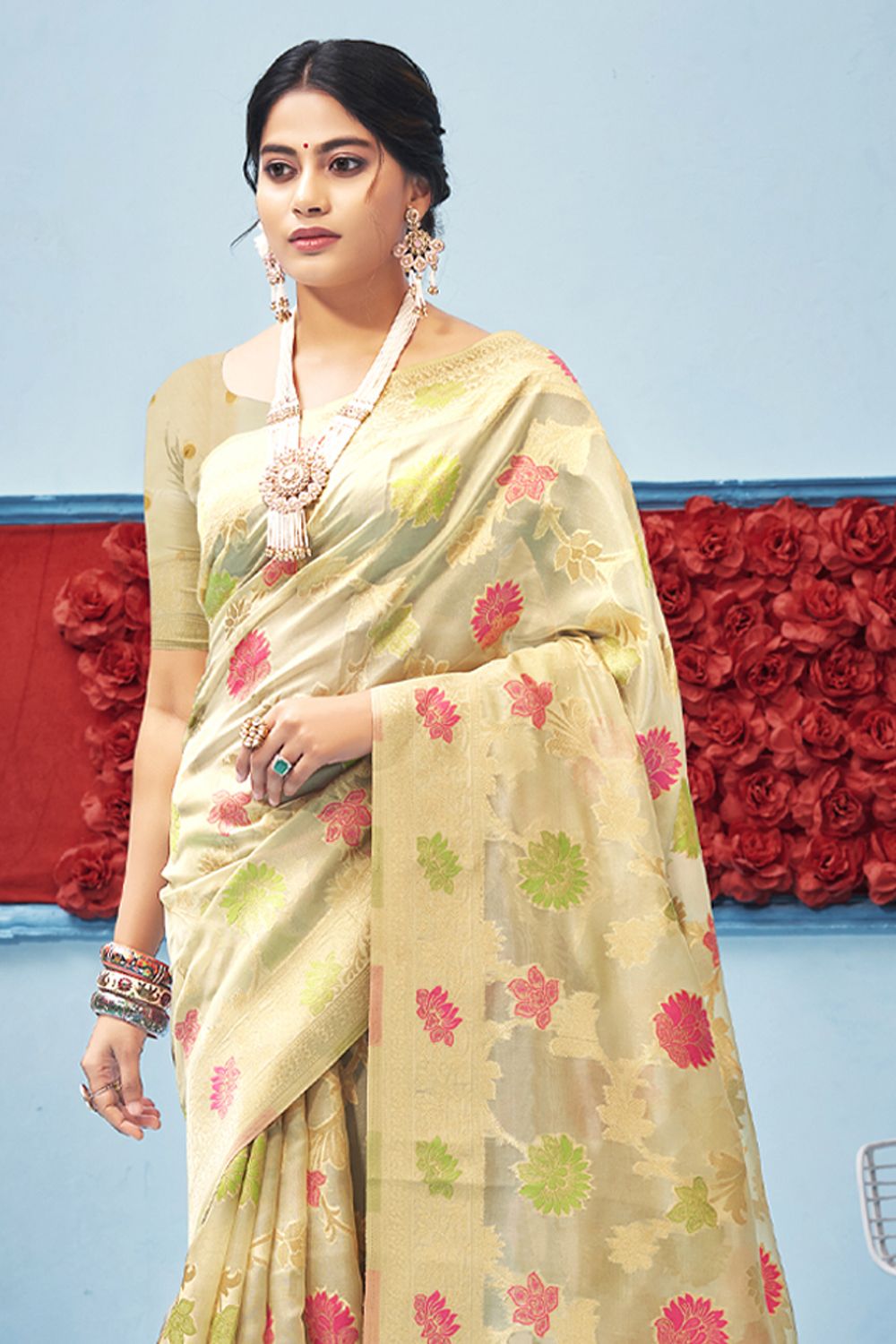 Women's Cream Organza Woven Zari Work Traditional Tassle Saree - Sangam Prints