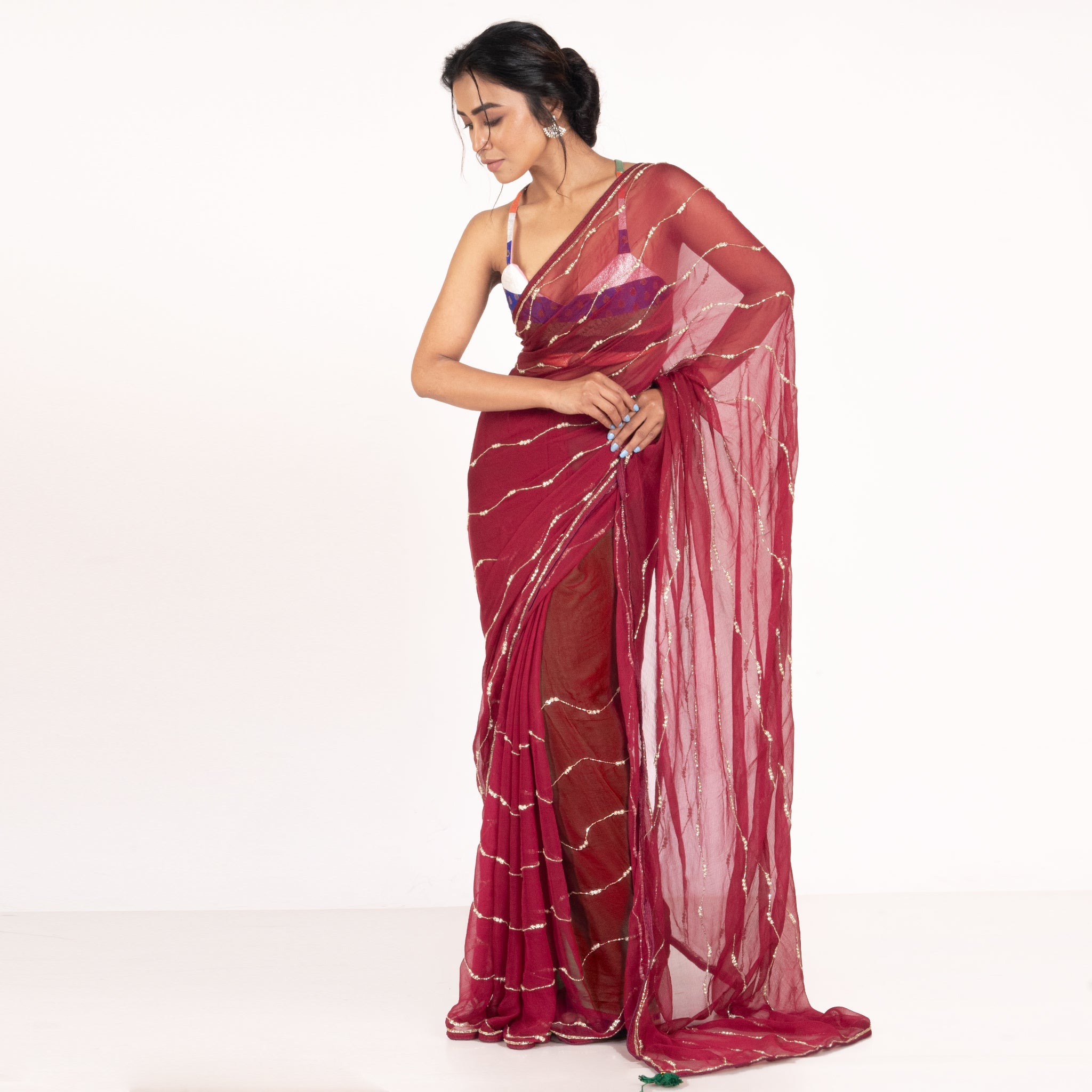 Women's Magenta Pure Chiffon Saree With Hand Embroidered Work Of Pearl And Beads - Boveee
