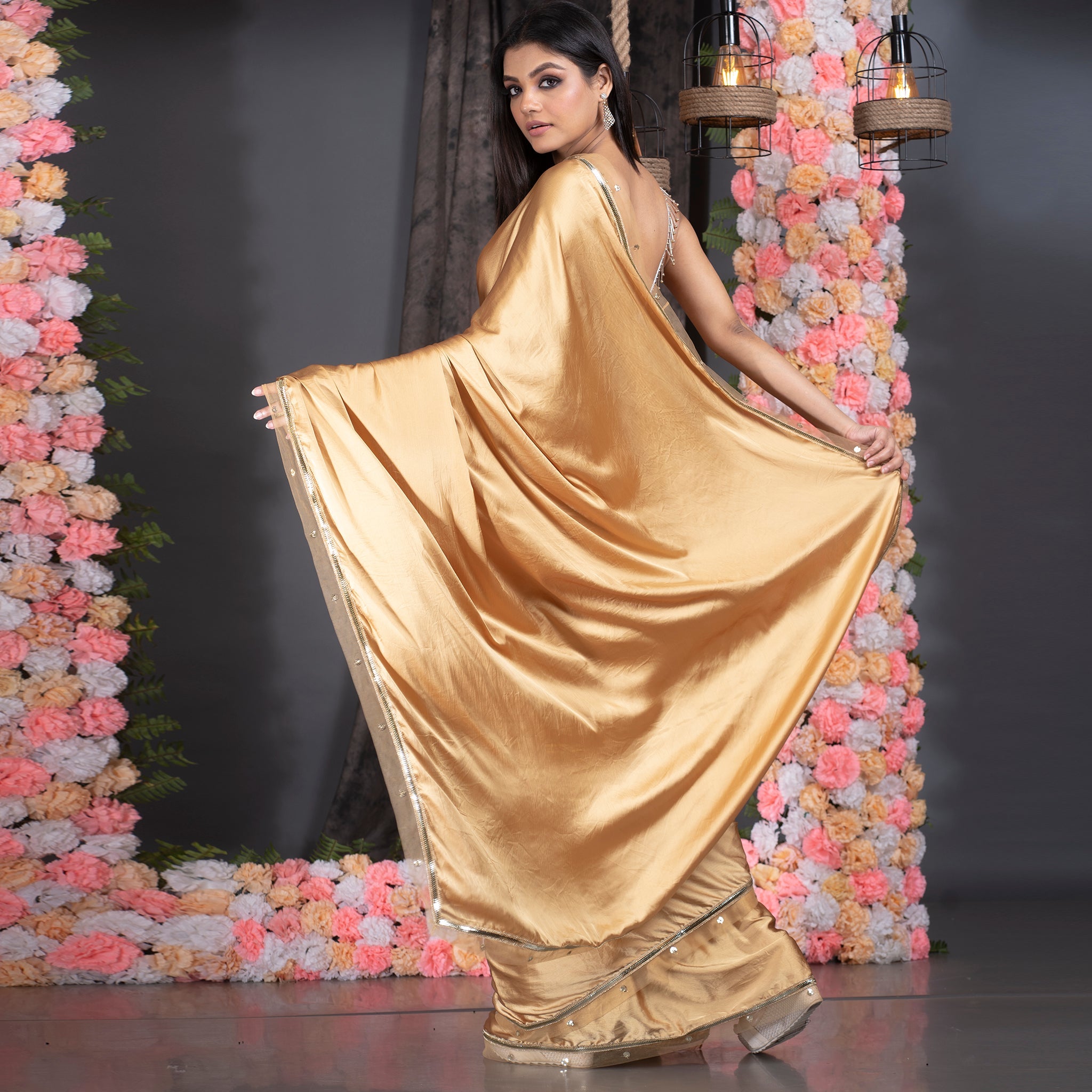 Women's Gold Satin Saree With Embroidered Border - Boveee