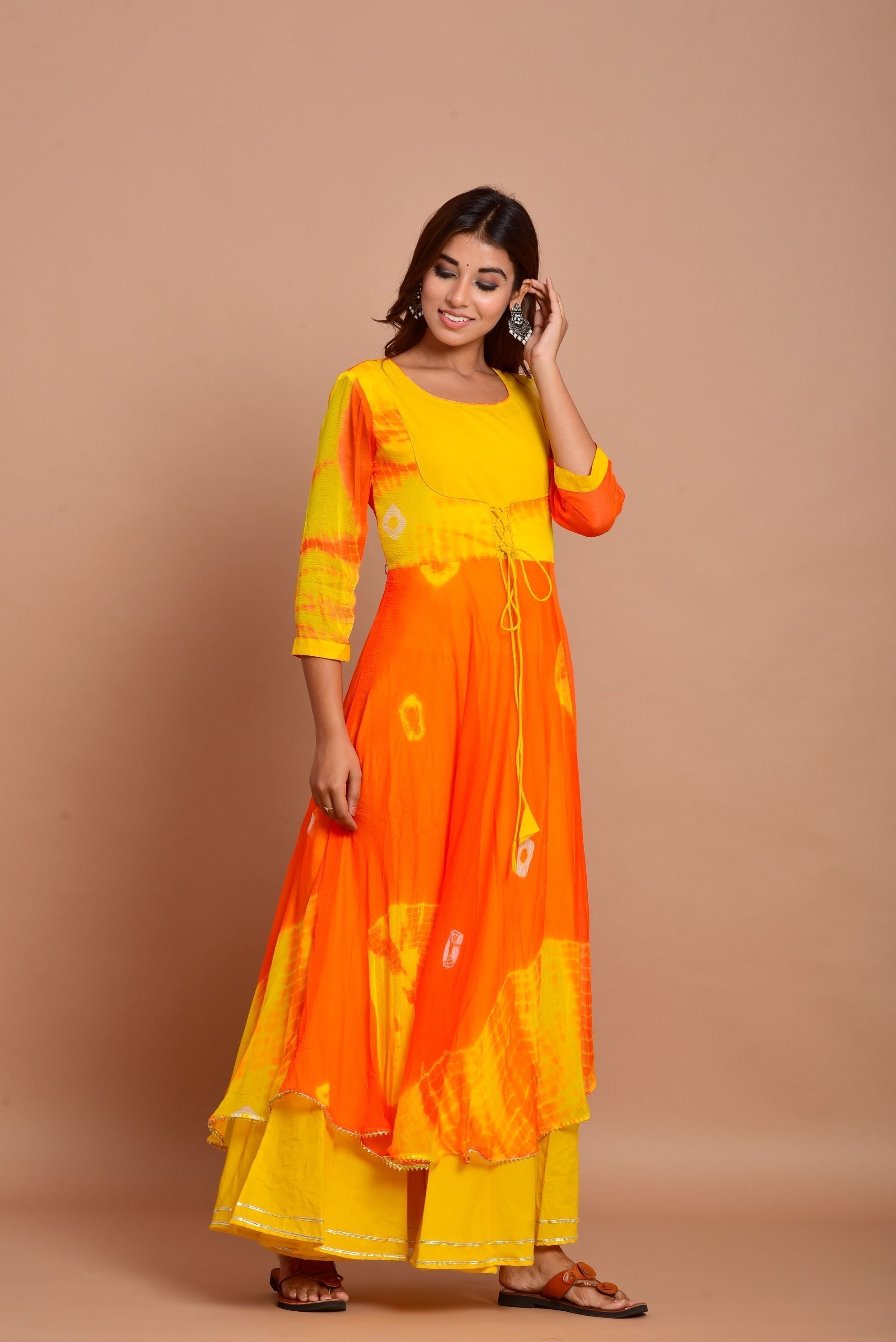 Women's Yellow Tye-Dye Layered Anarkali Dress (1Pc) - Saras The Label