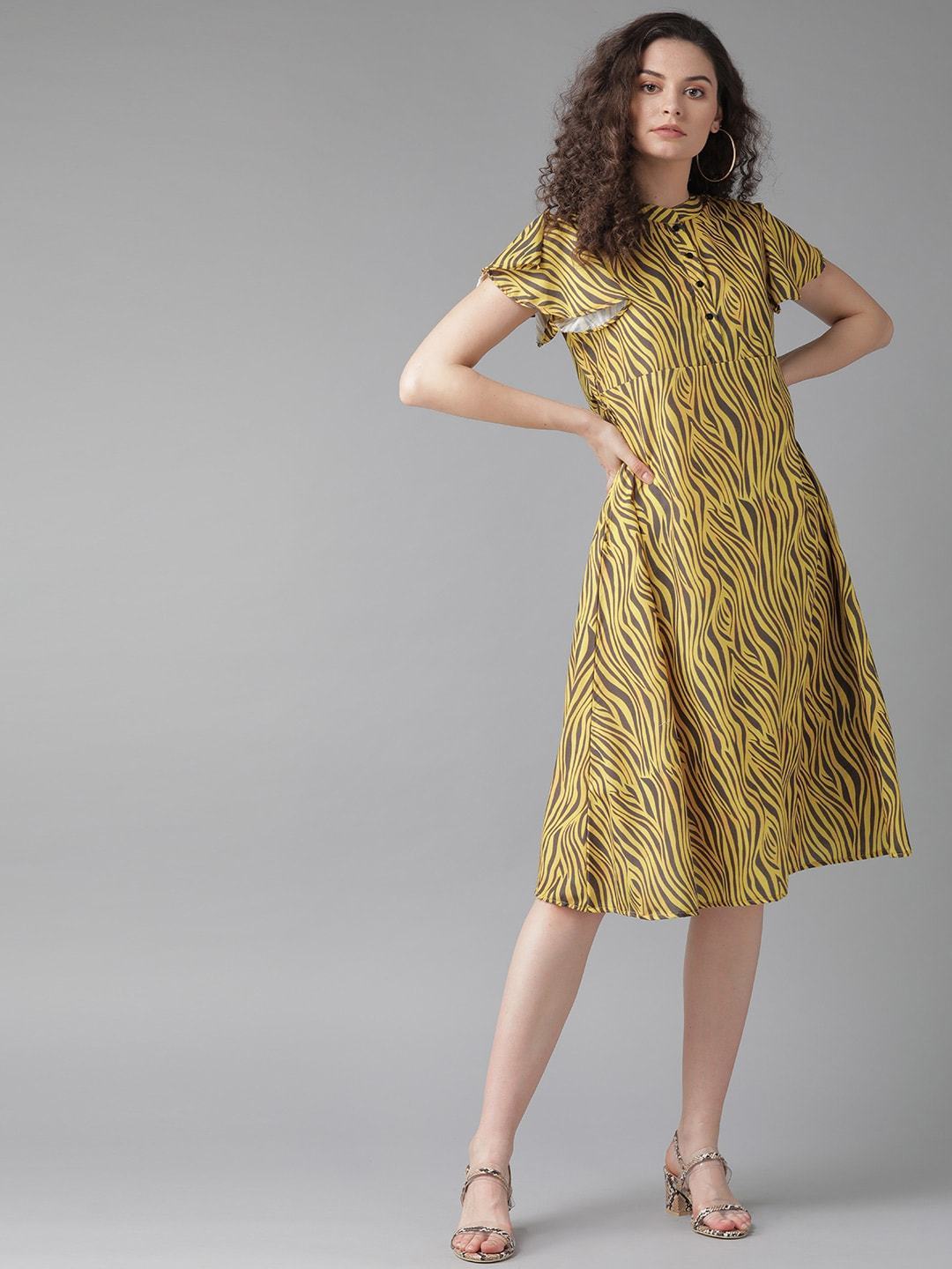 Women's  Yellow & Charcoal Grey Zebra Print A-Line Dress - AKS
