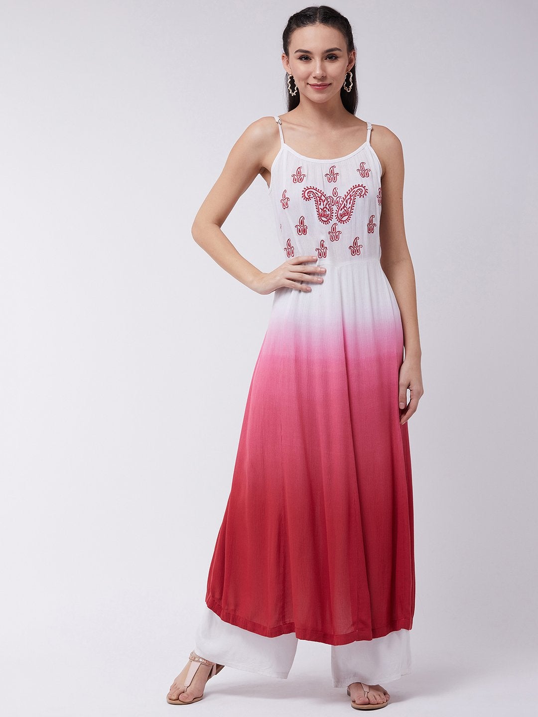 Women's Ombre Embroidered Strappy Tiered Kurta - Pannkh