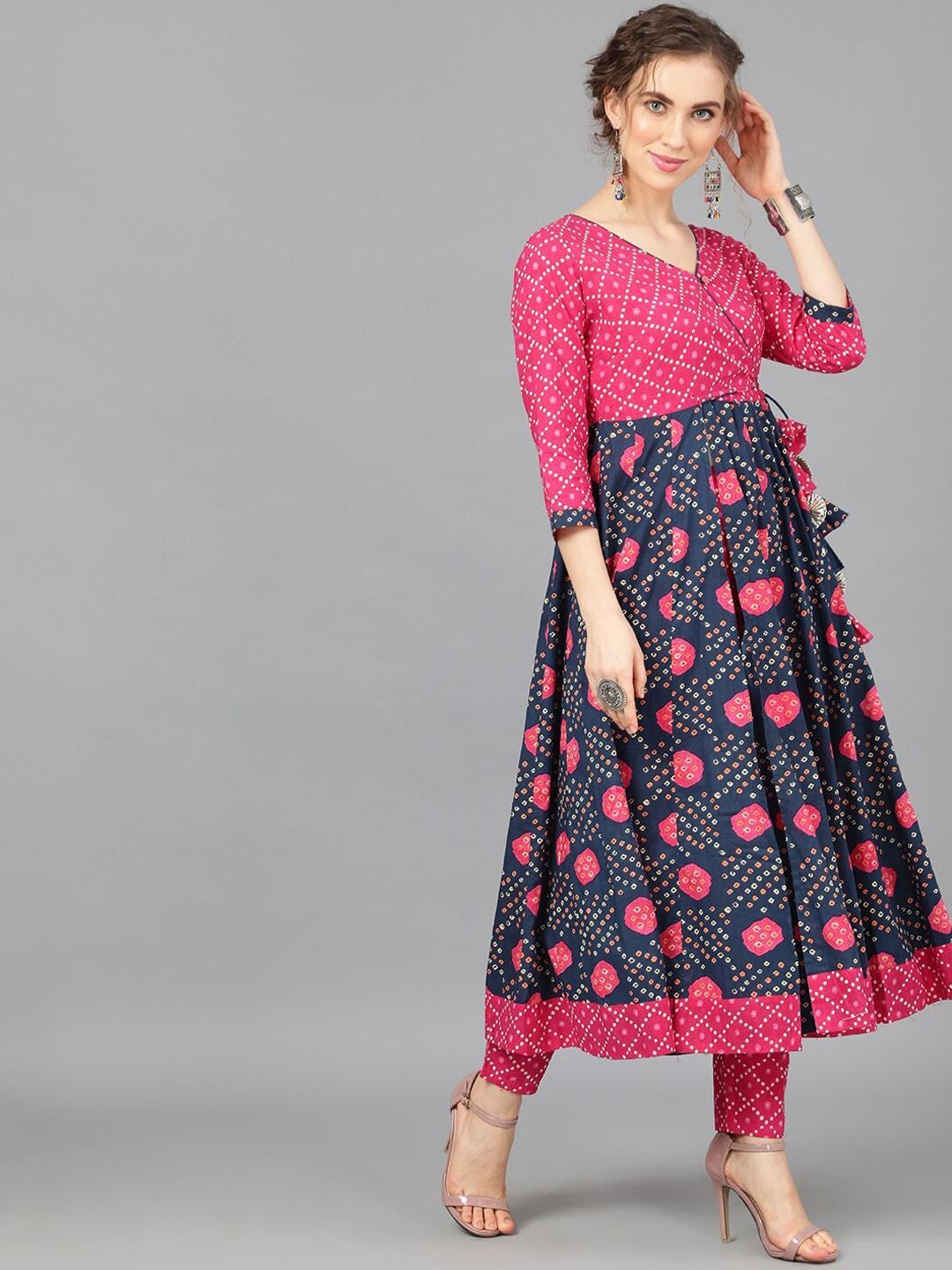 Women's  Navy Blue & Pink Printed Anarkali Style Angarkha Kurta - AKS