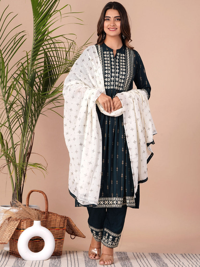 Women's Floral Printed Empire Thread Work Kurta With Palazzos & Dupatta