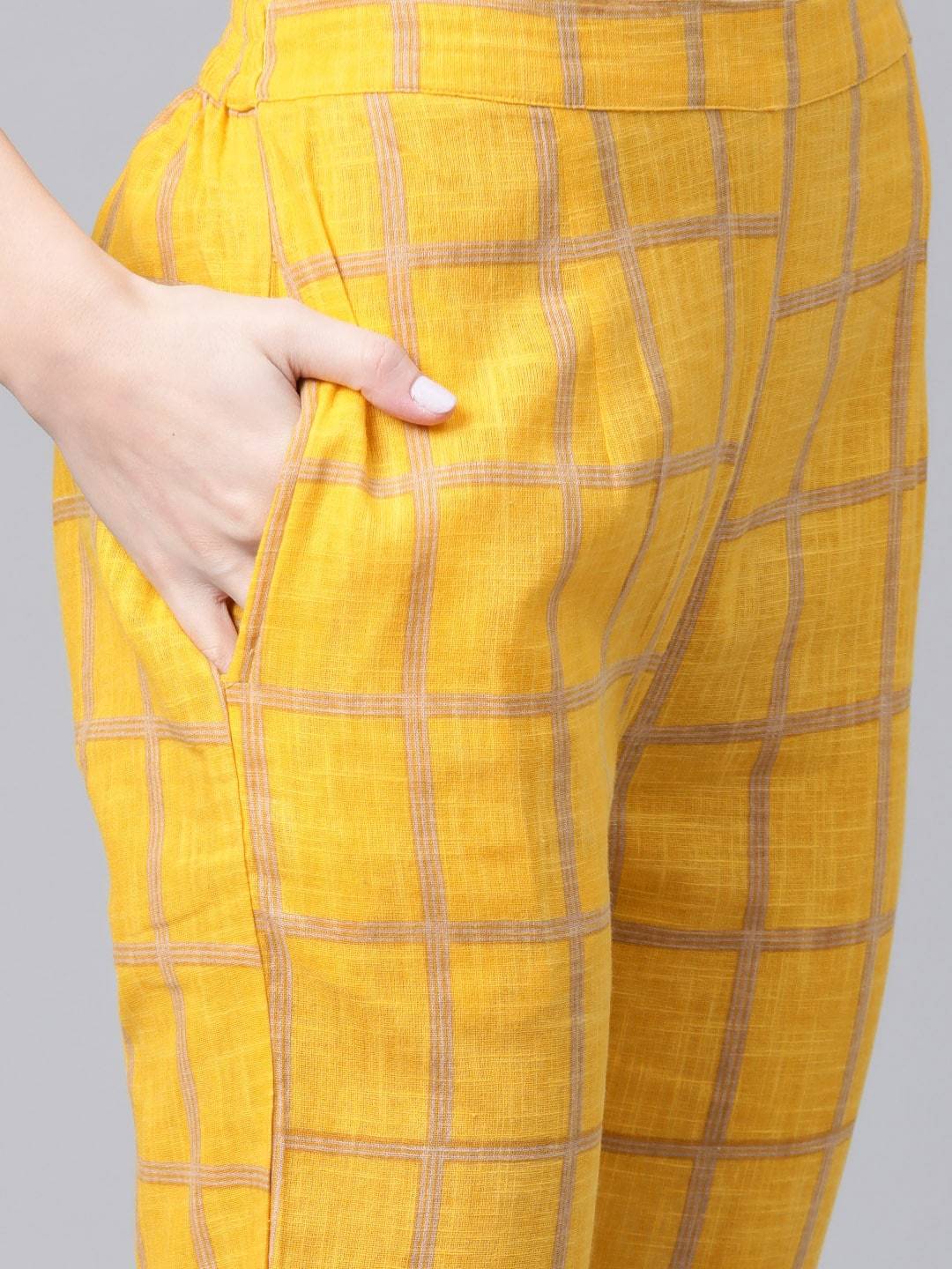 Women's  Beige & Mustard Yellow & Beige Checked Kurta with Trousers - AKS