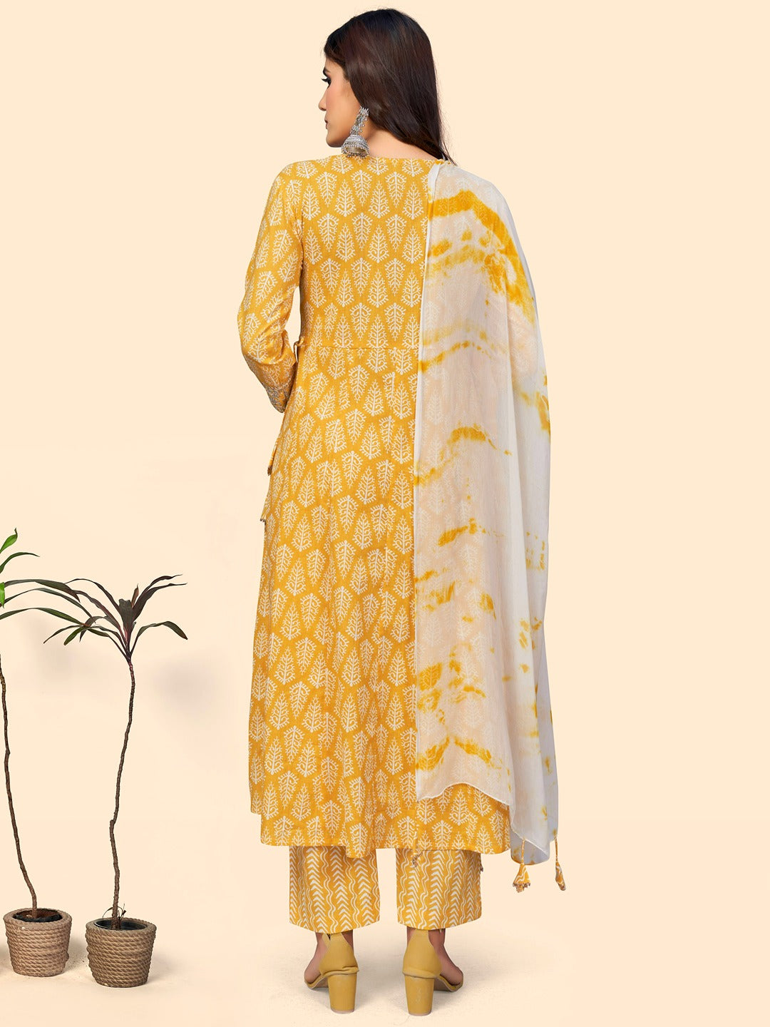 Women's Print & Sequience A-Line Cotton Yellow Stitched Kurta Pant With Dupatta - Vbuyz