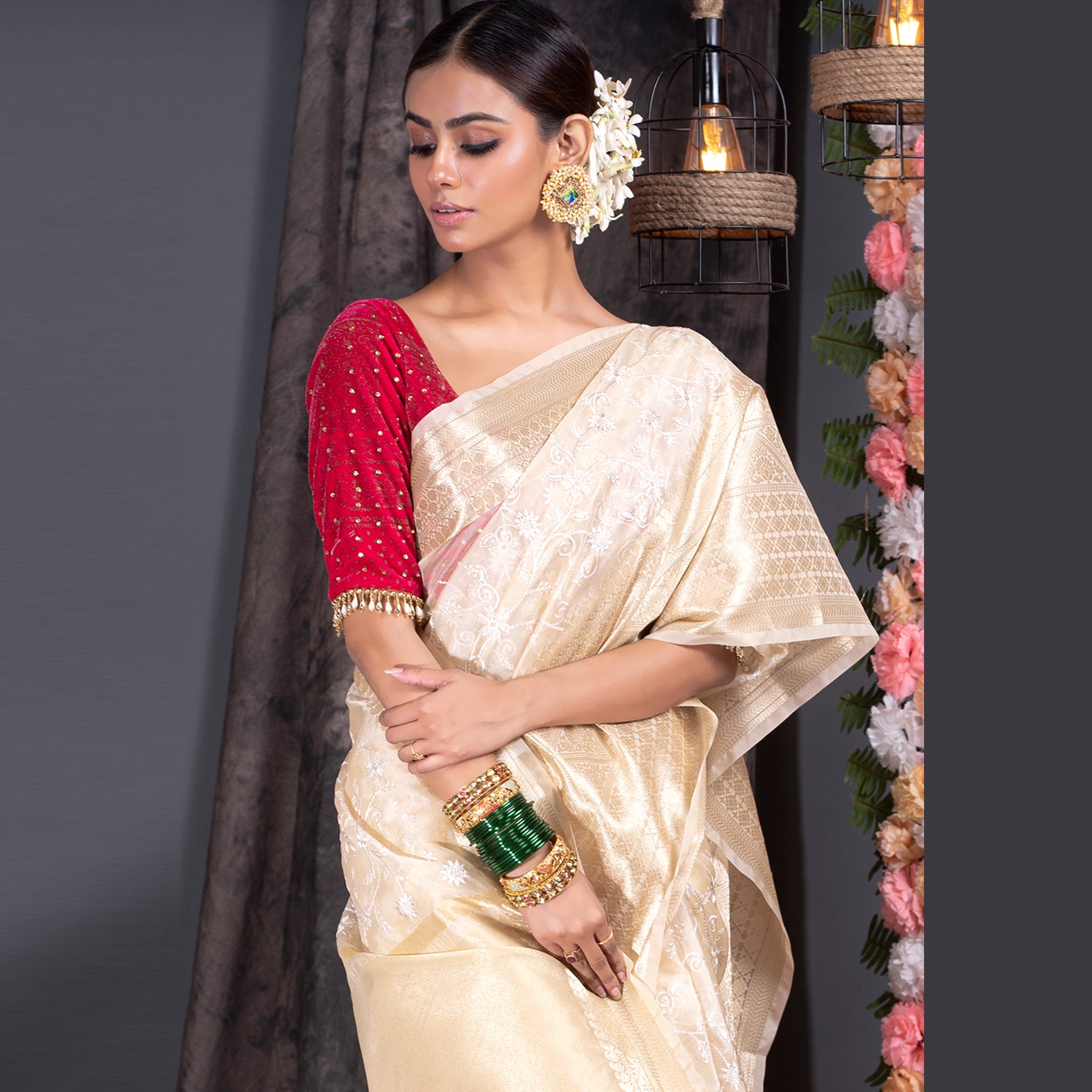 Women's Ivory Organza Silk Saree With Zari Border And Embroidered Jaal - Boveee