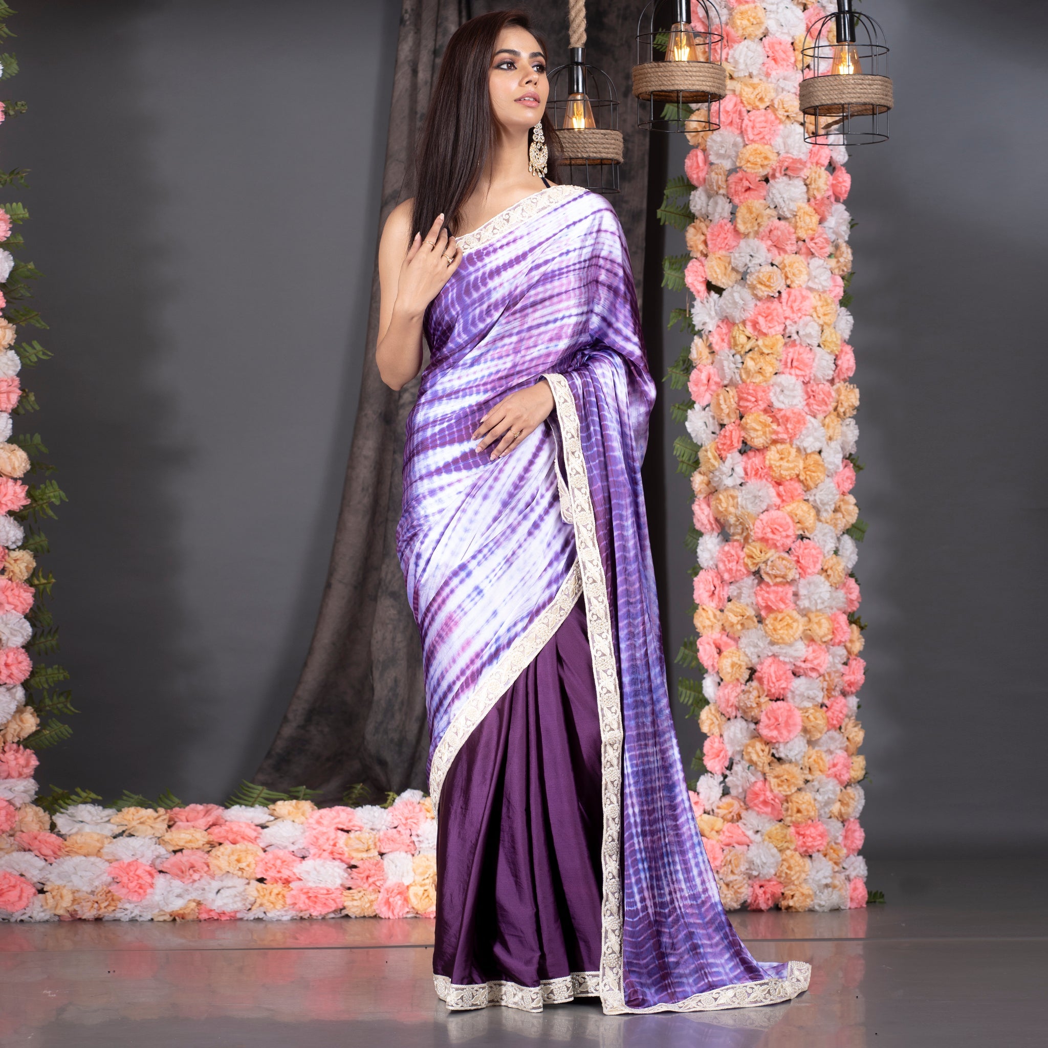 Women's Purple With Offwhite Shibori Satin Saree With Pearl Embroidered Lace Border - Boveee