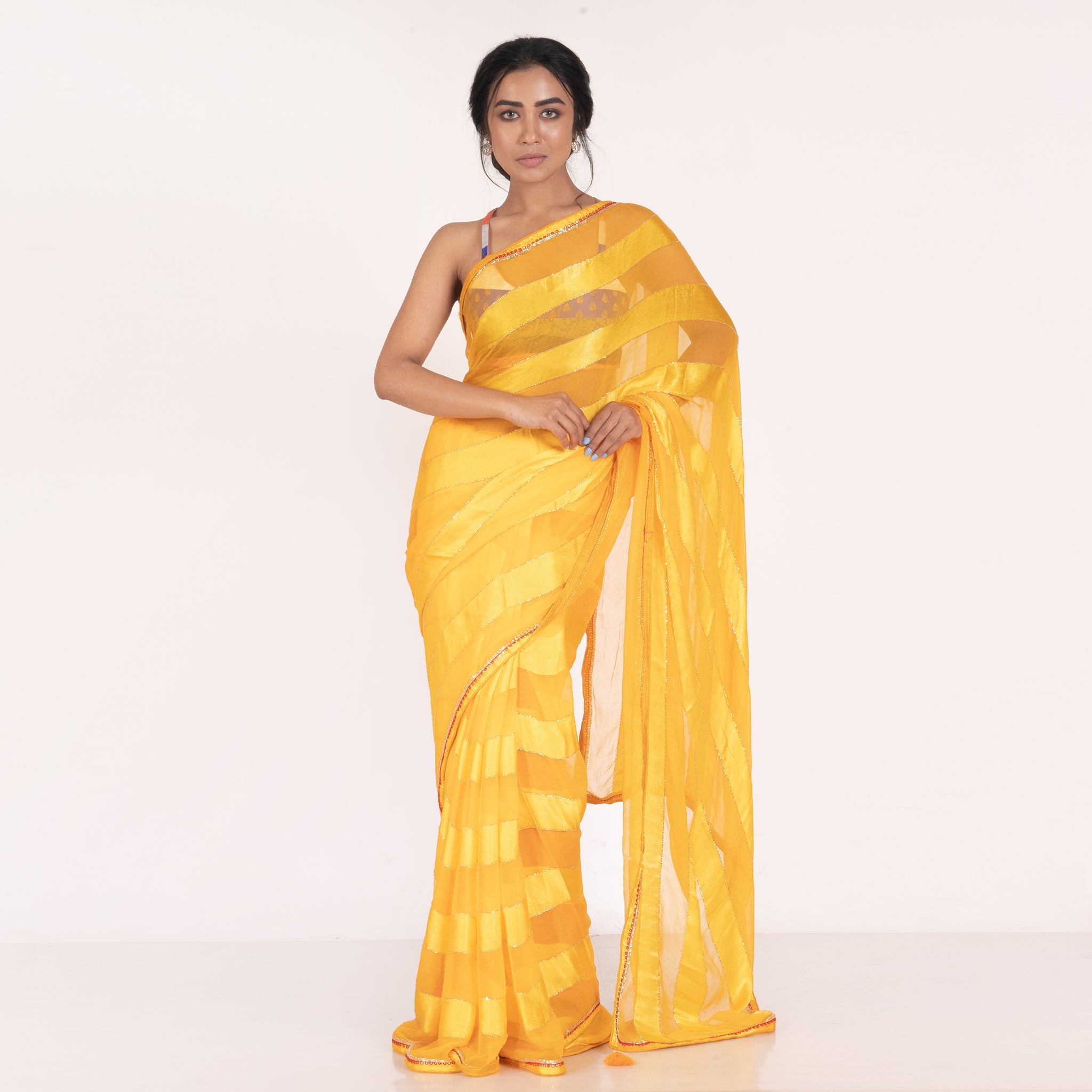 Women's Yellow Satin Chiffon Stripe Saree With Hand Embroidery - Boveee