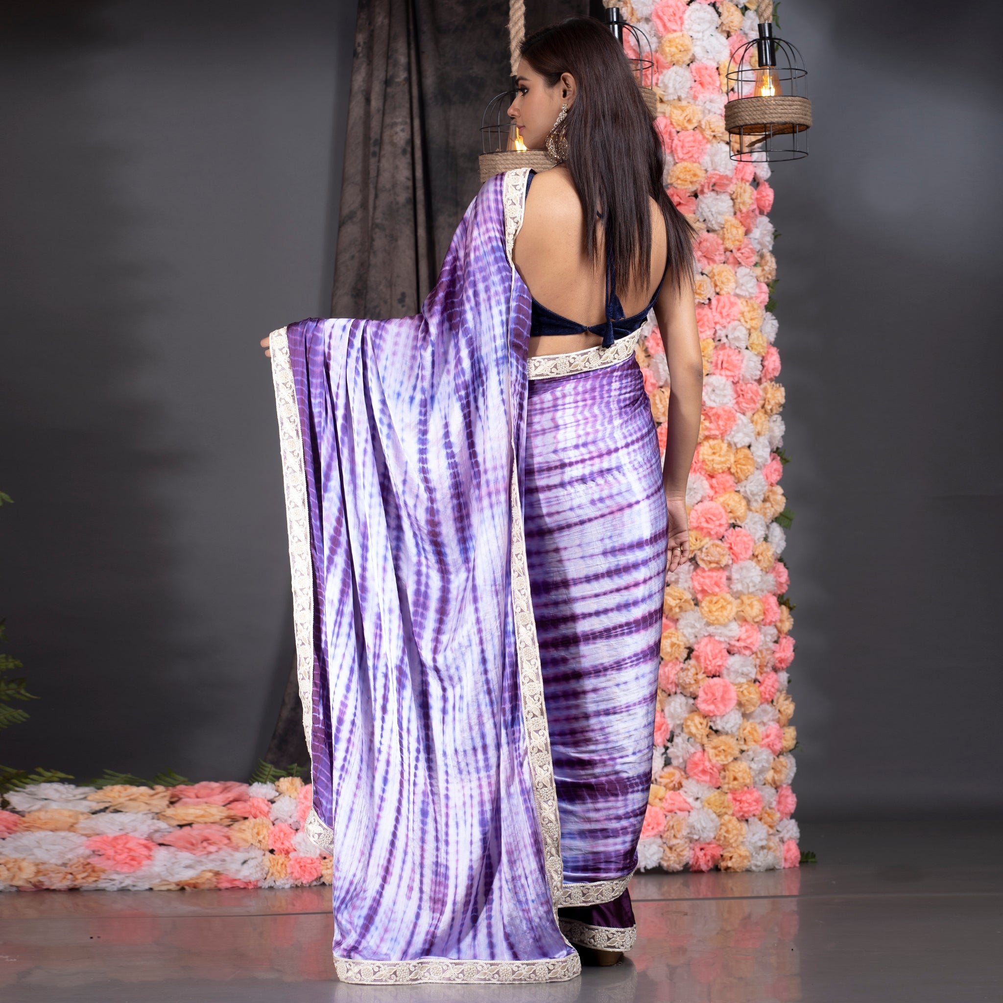 Women's Purple With Offwhite Shibori Satin Saree With Pearl Embroidered Lace Border - Boveee