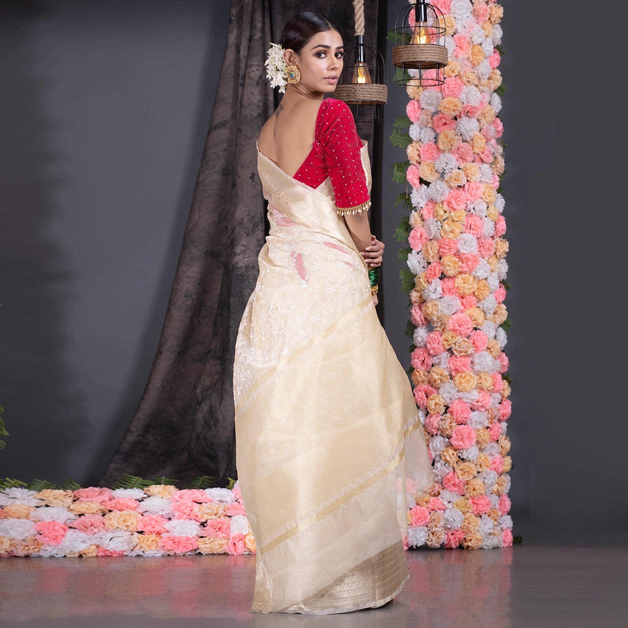 Women's Ivory Organza Silk Saree With Zari Border And Embroidered Jaal - Boveee