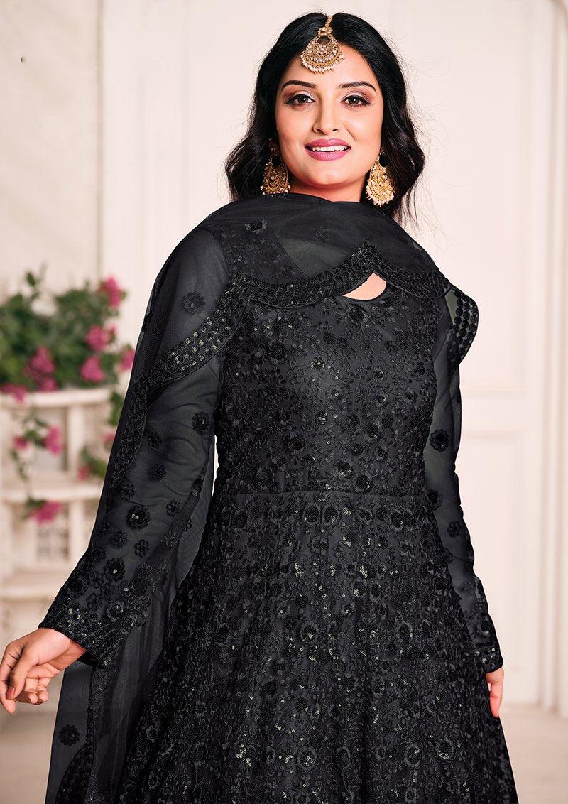 Women's Black Color Net Embroidered Anarkali Suit - Monjolika