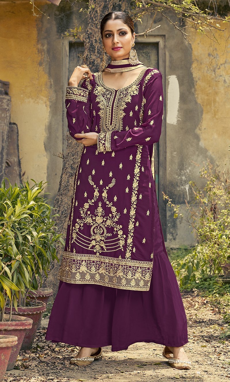 Women's Purple Color Georgette Wedding Function Palazzo Salwar Suit - Monjolika