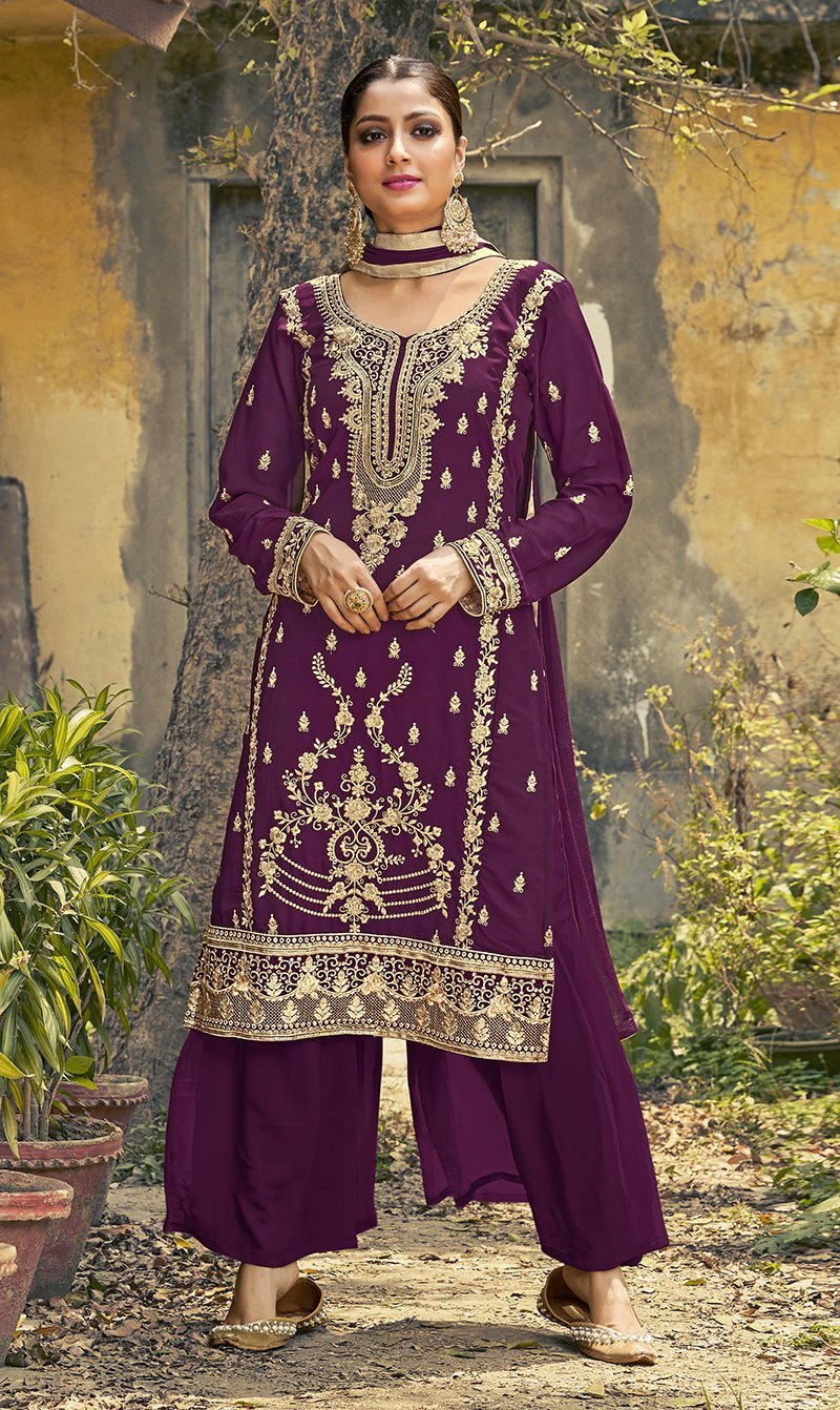 Women's Purple Color Georgette Wedding Function Palazzo Salwar Suit - Monjolika